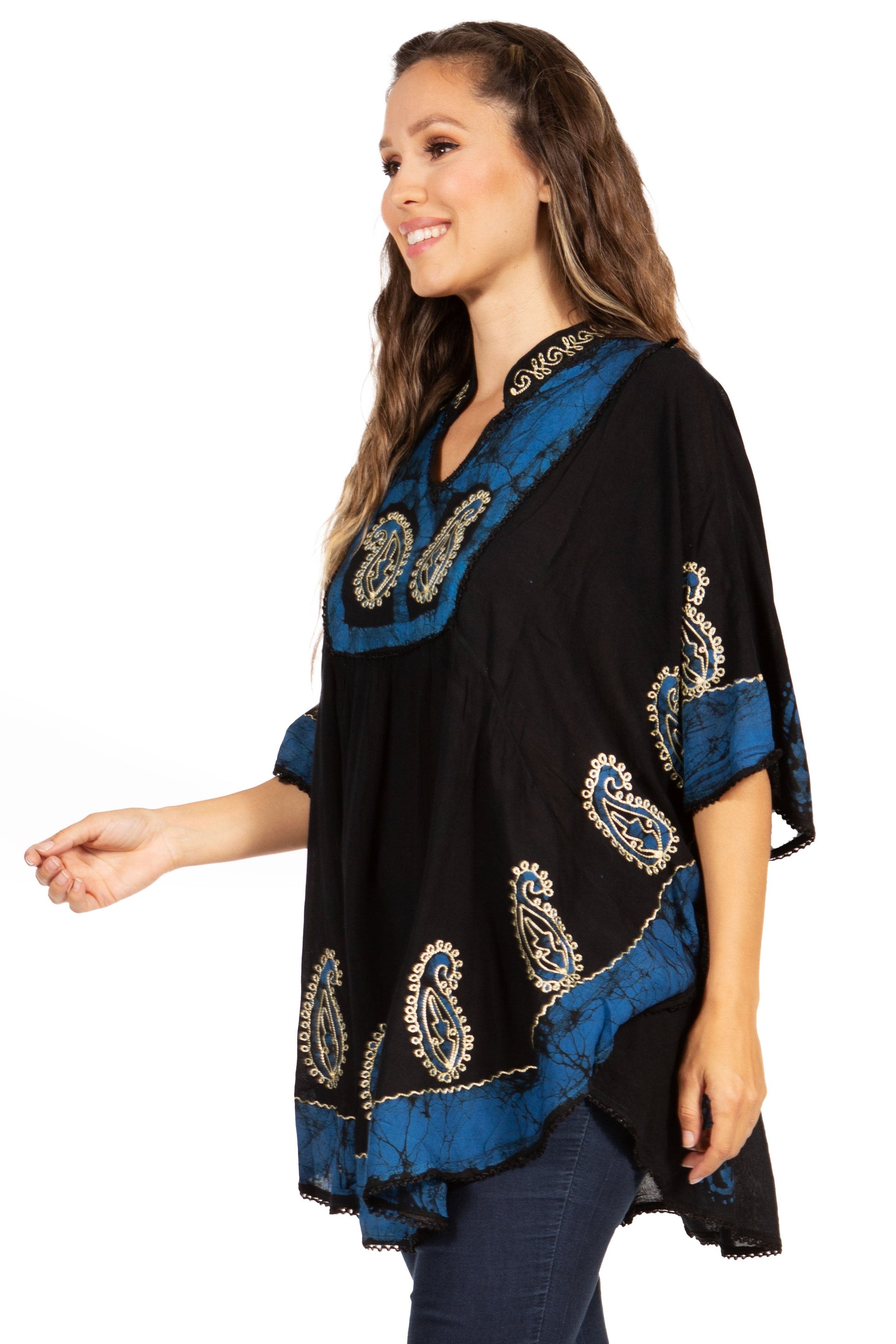 Sakkas Amori V-Neck Embroidery Poncho Top / Cover Up - Concordia Style Boutique