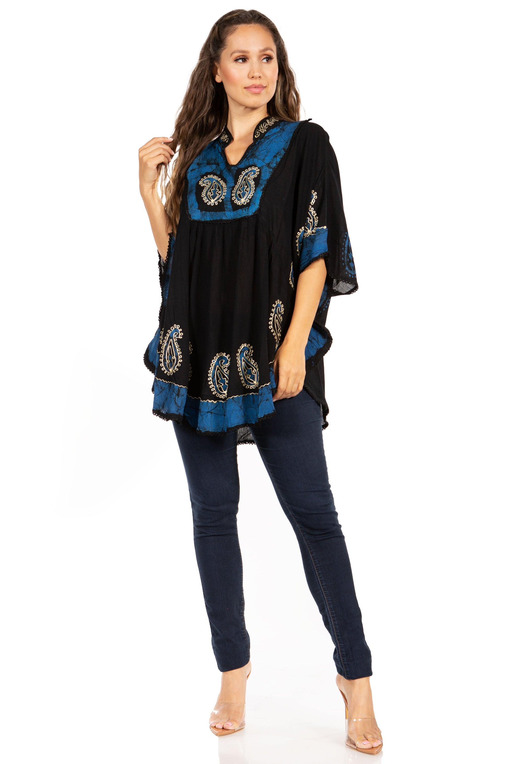 Sakkas Amori V-Neck Embroidery Poncho Top / Cover Up - Concordia Style Boutique