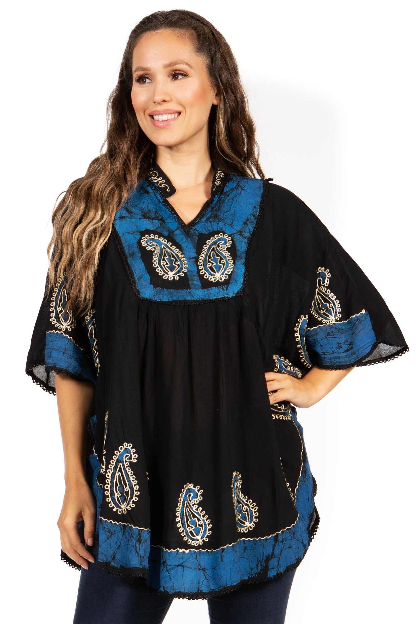Sakkas Amori V-Neck Embroidery Poncho Top / Cover Up - Concordia Style Boutique