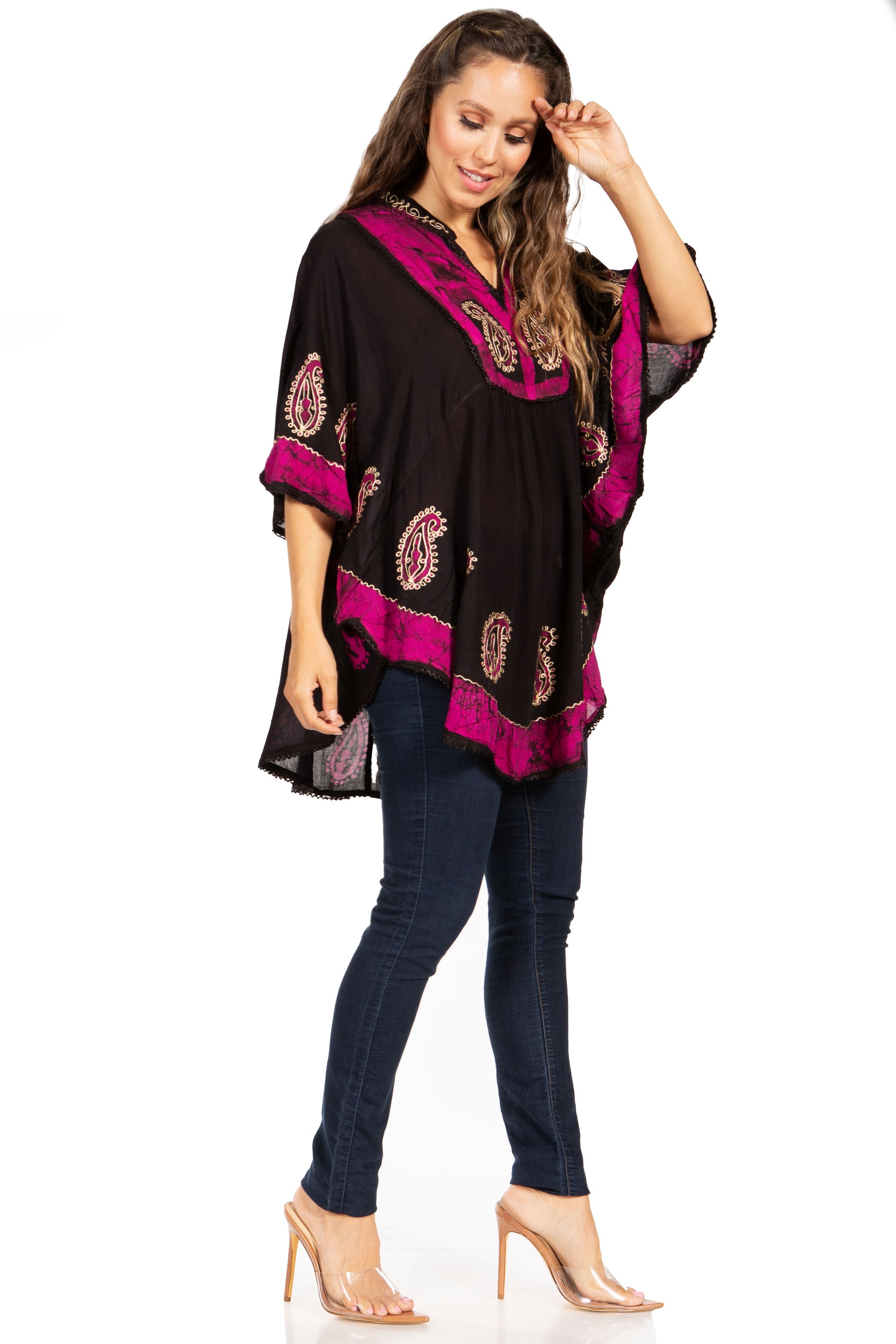 Sakkas Amori V-Neck Embroidery Poncho Top / Cover Up - Concordia Style Boutique