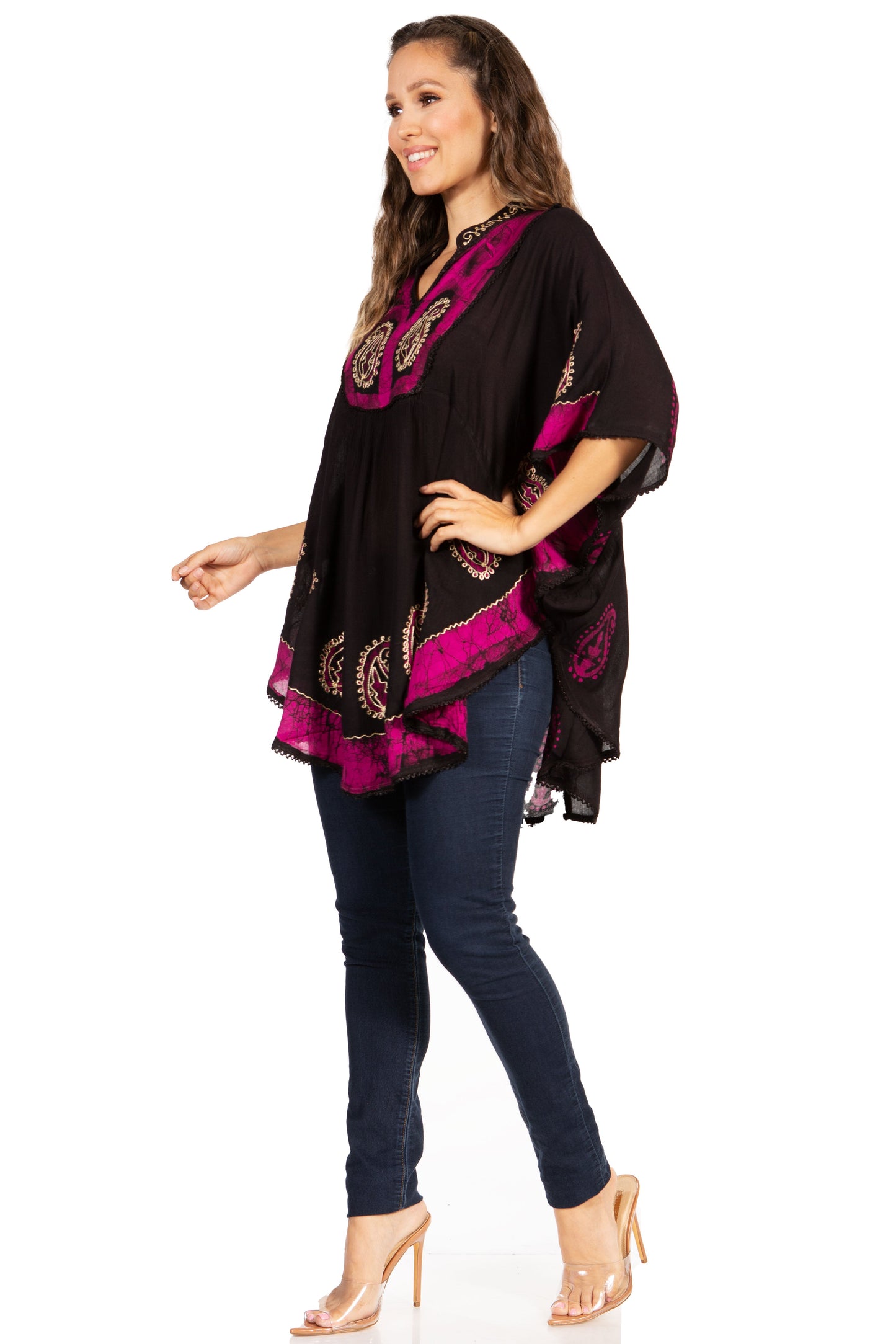 Sakkas Amori V-Neck Embroidery Poncho Top / Cover Up - Concordia Style Boutique