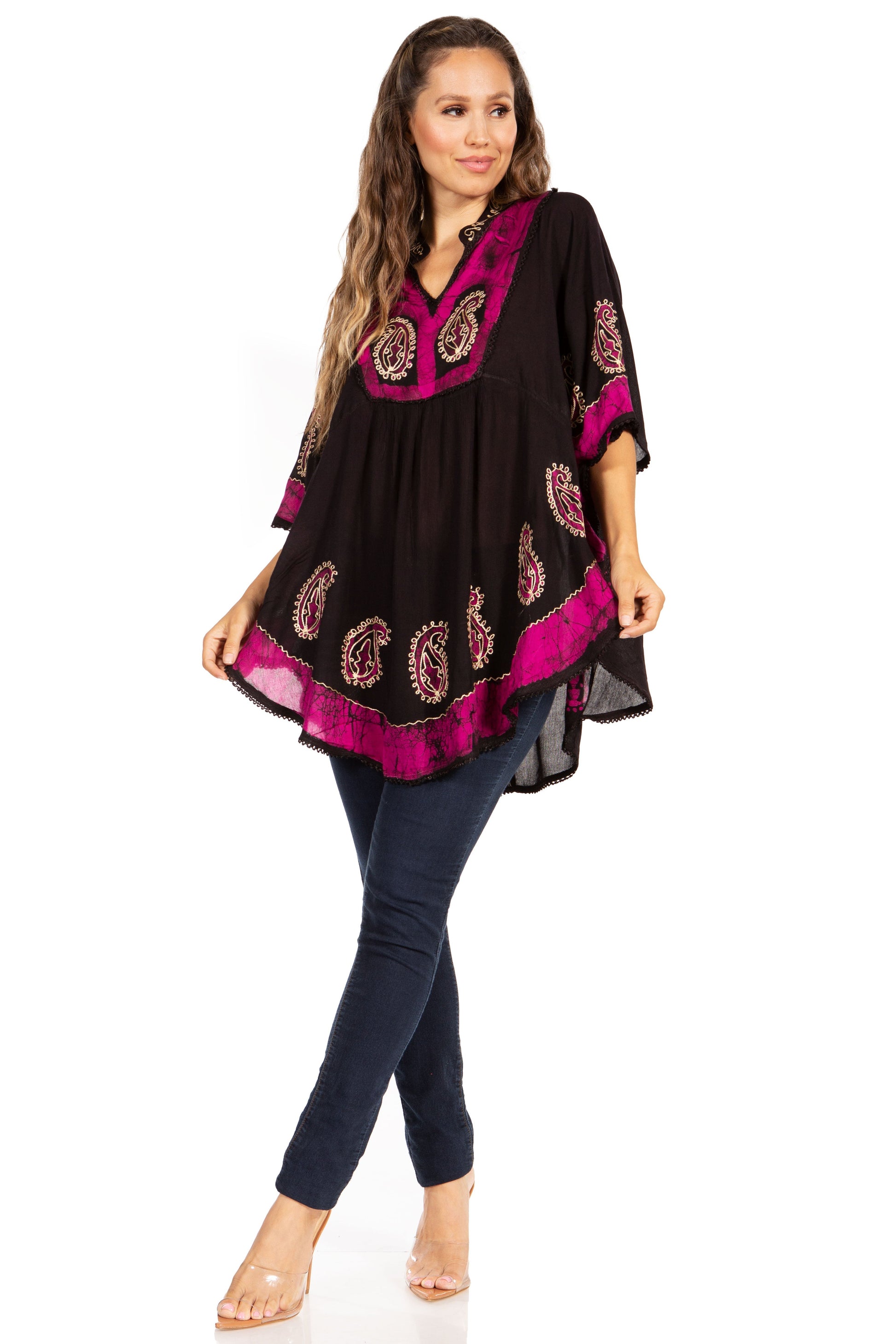 Sakkas Amori V-Neck Embroidery Poncho Top / Cover Up - Concordia Style Boutique