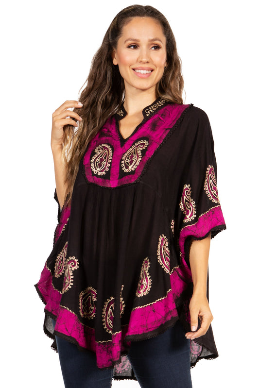 Sakkas Amori V-Neck Embroidery Poncho Top / Cover Up - Concordia Style Boutique