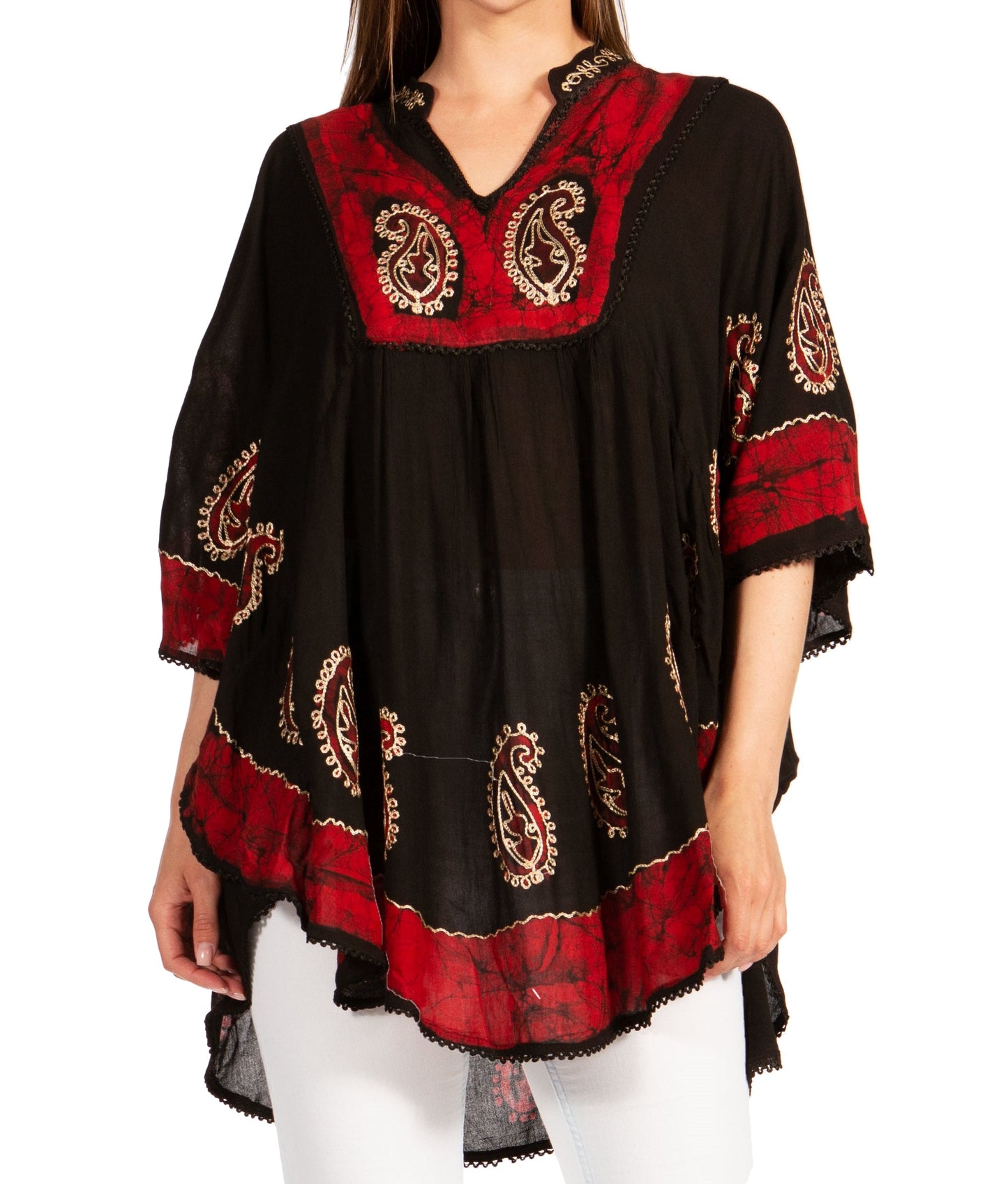 Sakkas Amori V-Neck Embroidery Poncho Top / Cover Up - Concordia Style Boutique