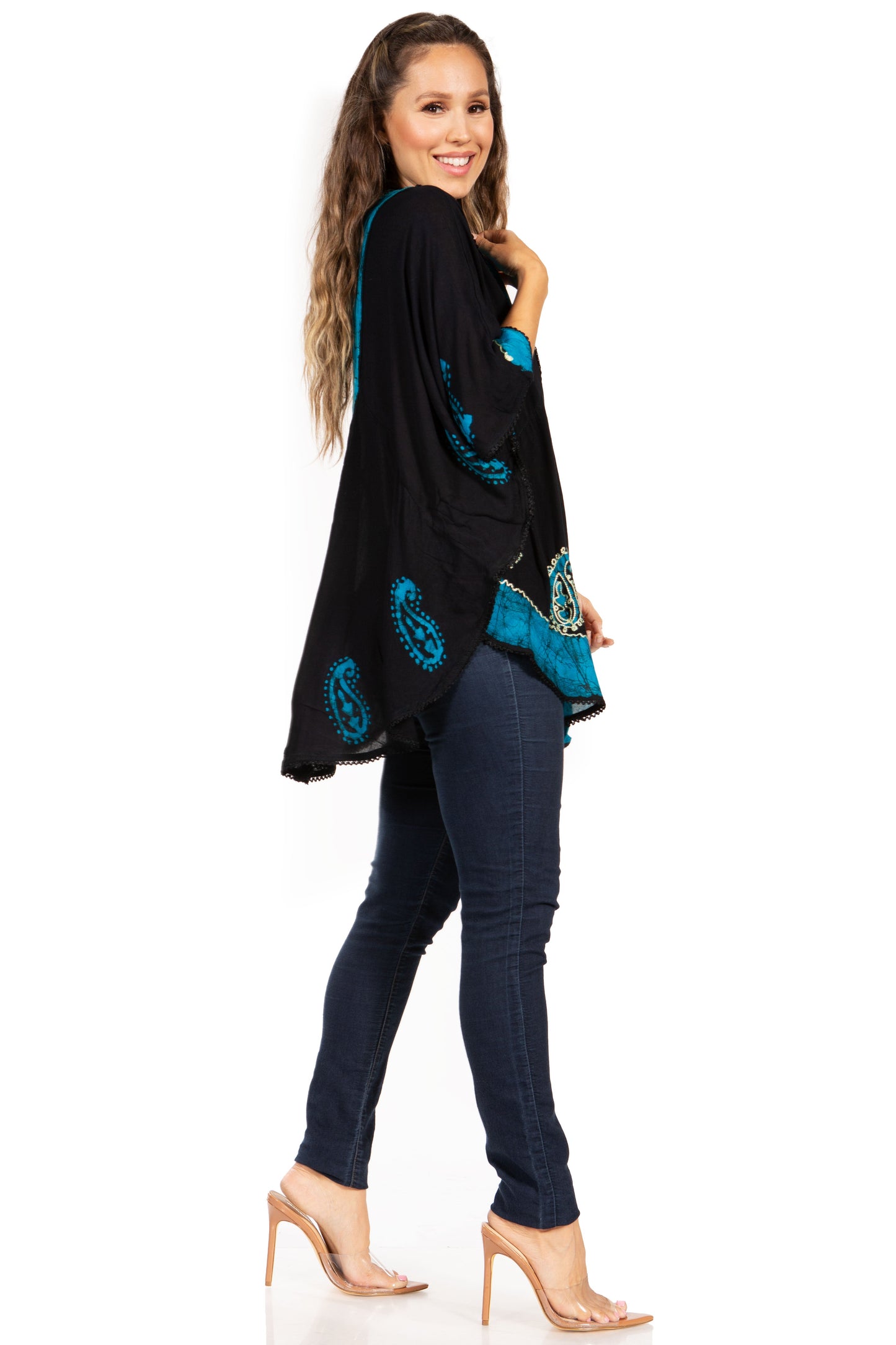 Sakkas Amori V-Neck Embroidery Poncho Top / Cover Up - Concordia Style Boutique