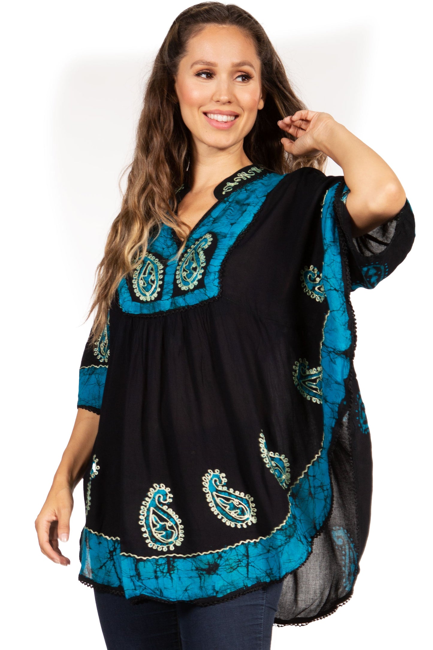 Sakkas Amori V-Neck Embroidery Poncho Top / Cover Up - Concordia Style Boutique