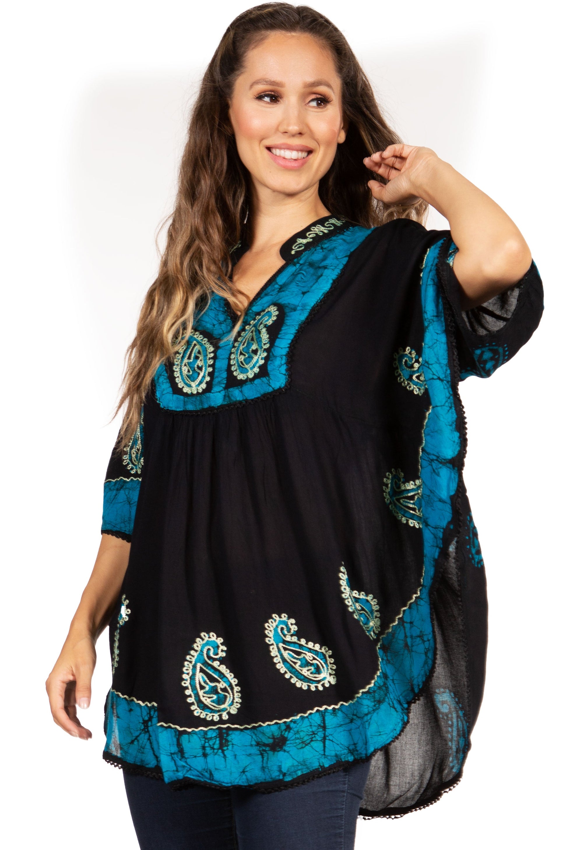 Sakkas Amori V-Neck Embroidery Poncho Top / Cover Up - Concordia Style Boutique