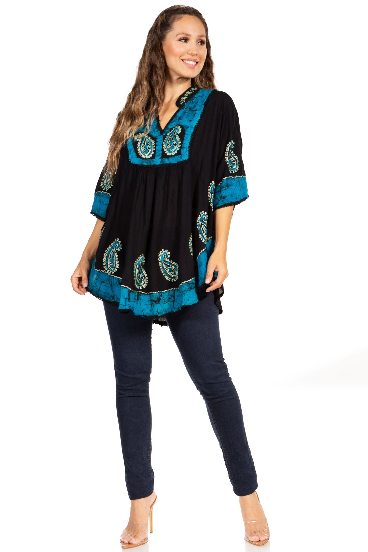 Sakkas Amori V-Neck Embroidery Poncho Top / Cover Up - Concordia Style Boutique