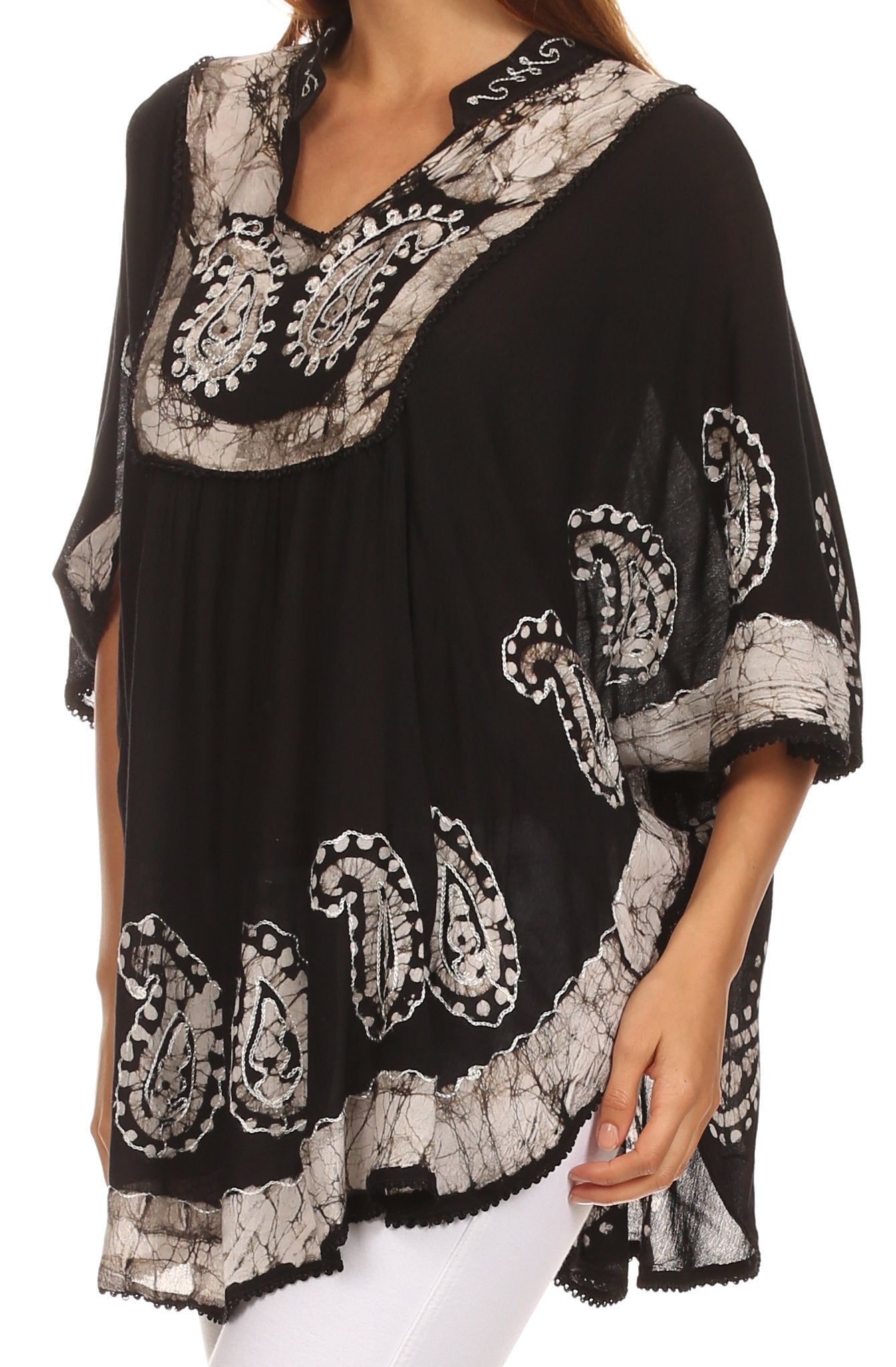 Sakkas Amori V-Neck Embroidery Poncho Top / Cover Up - Concordia Style Boutique