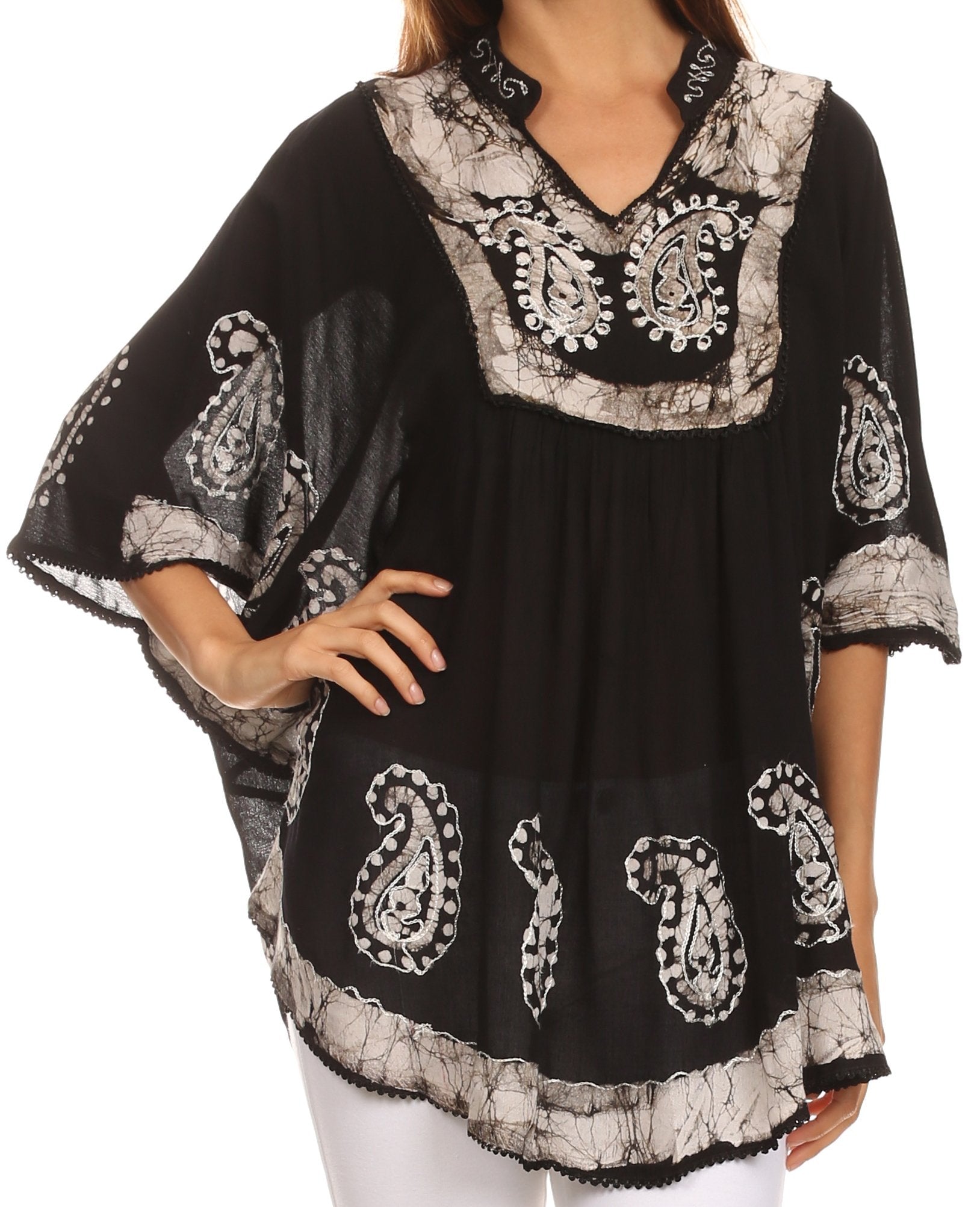 Sakkas Amori V-Neck Embroidery Poncho Top / Cover Up - Concordia Style Boutique