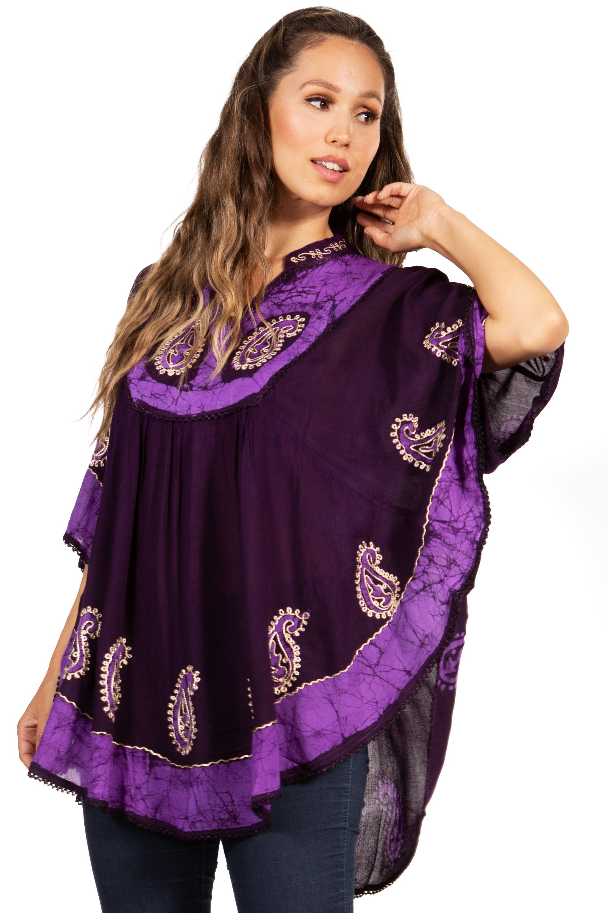 Sakkas Amori V-Neck Embroidery Poncho Top / Cover Up - Concordia Style Boutique