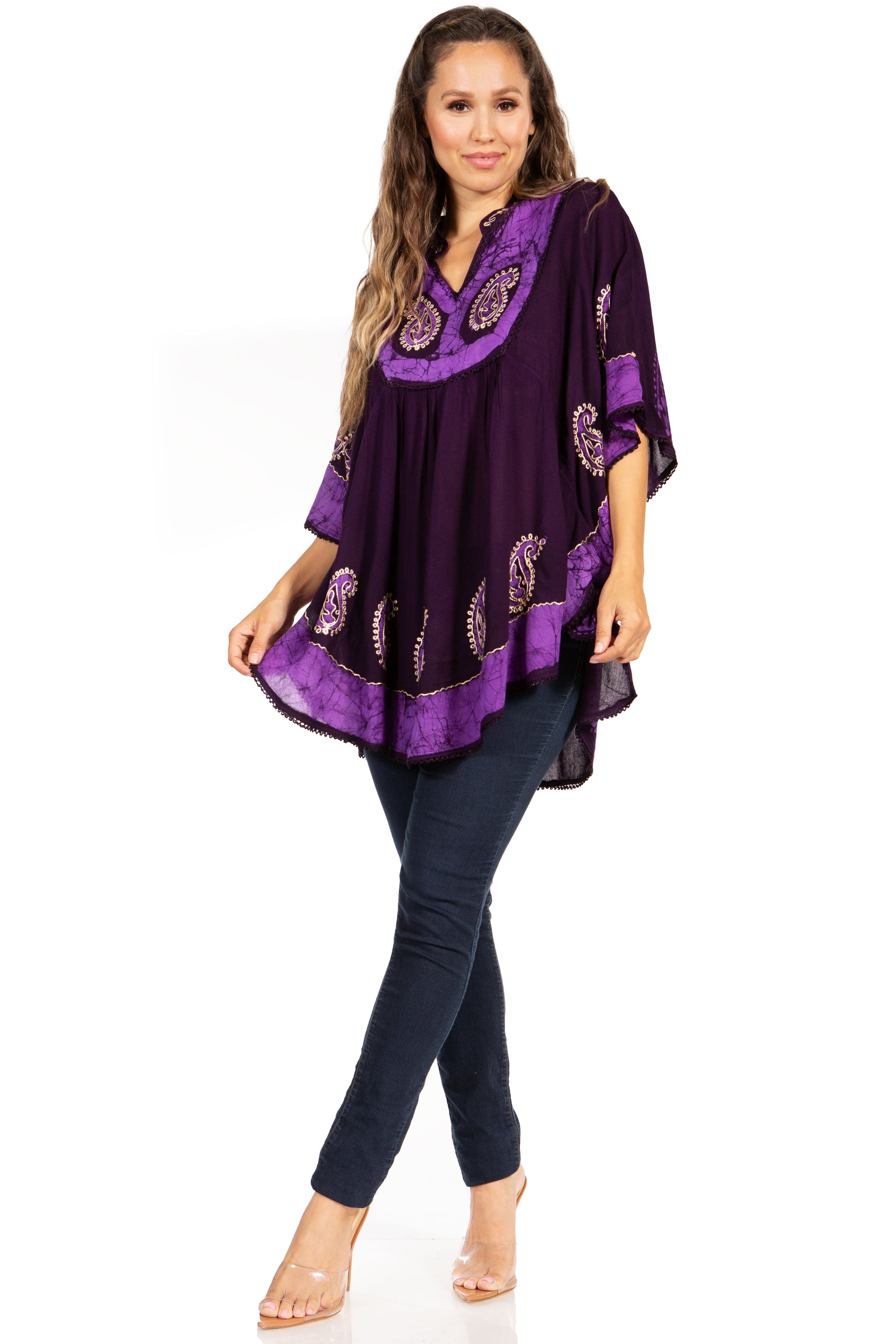 Sakkas Amori V-Neck Embroidery Poncho Top / Cover Up - Concordia Style Boutique