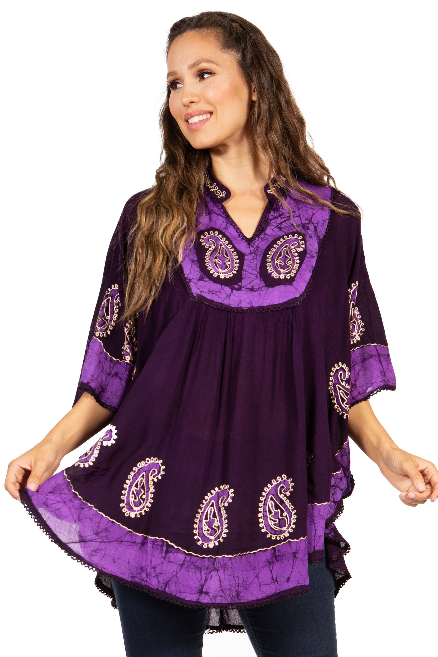 Sakkas Amori V-Neck Embroidery Poncho Top / Cover Up - Concordia Style Boutique