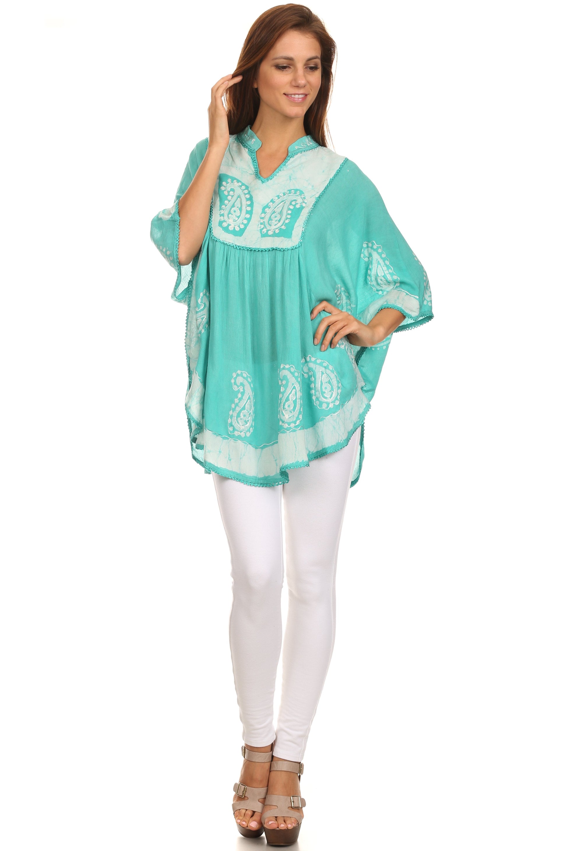 Sakkas Amori V-Neck Embroidery Poncho Top / Cover Up - Concordia Style Boutique