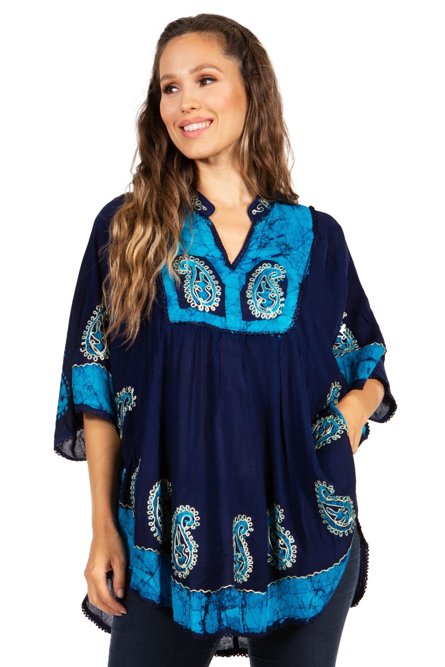 Sakkas Amori V-Neck Embroidery Poncho Top / Cover Up - Concordia Style Boutique