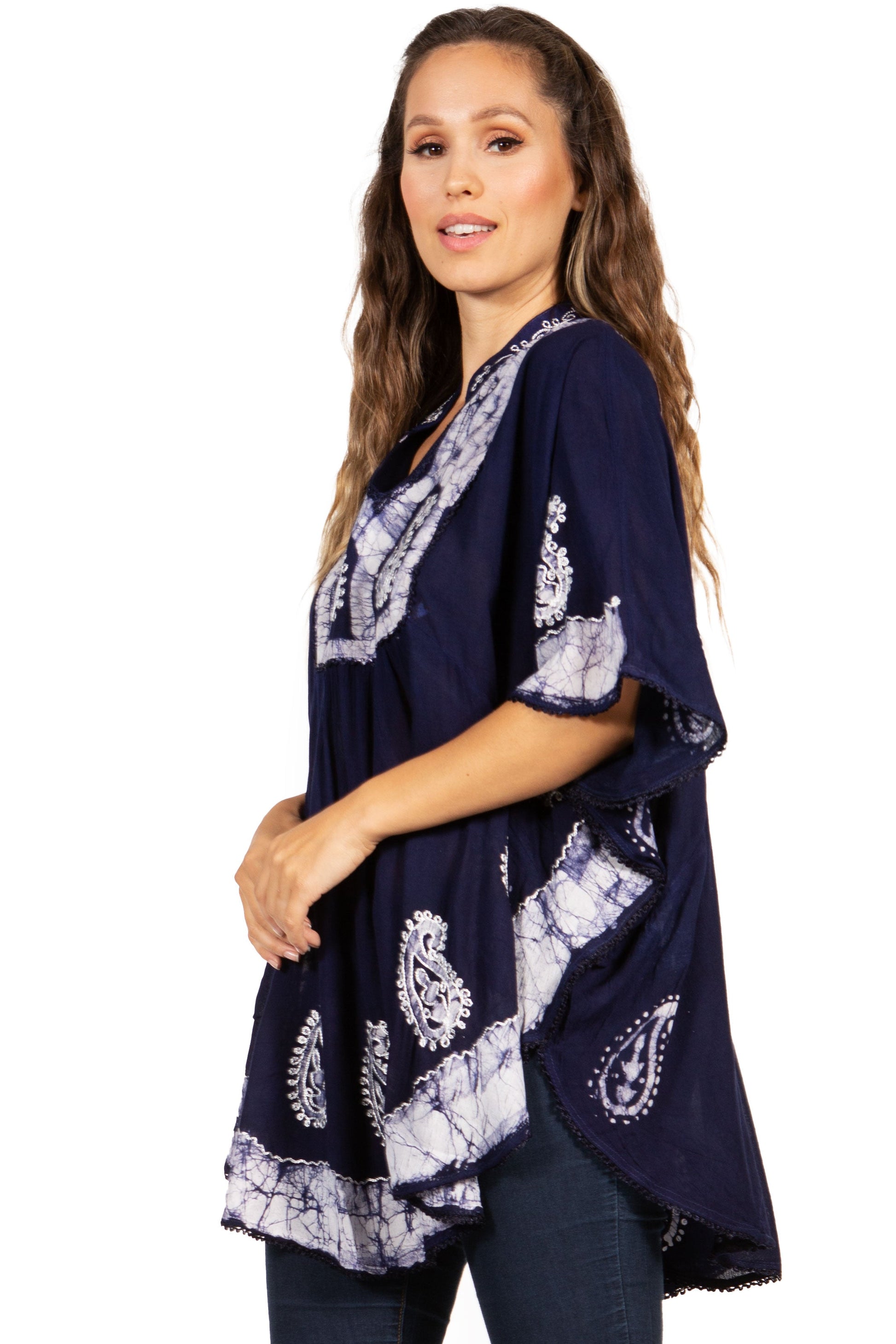Sakkas Amori V-Neck Embroidery Poncho Top / Cover Up - Concordia Style Boutique