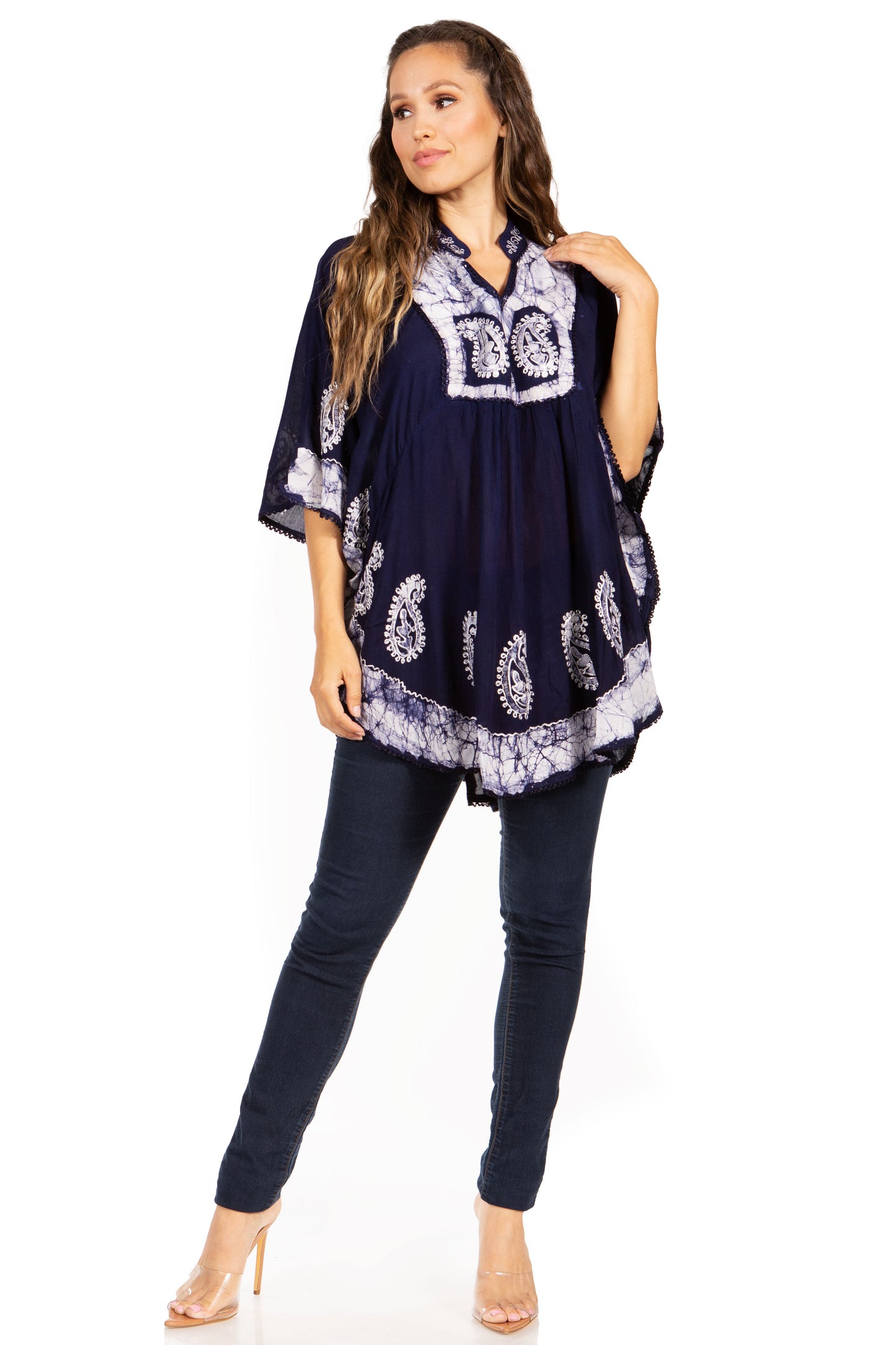 Sakkas Amori V-Neck Embroidery Poncho Top / Cover Up - Concordia Style Boutique