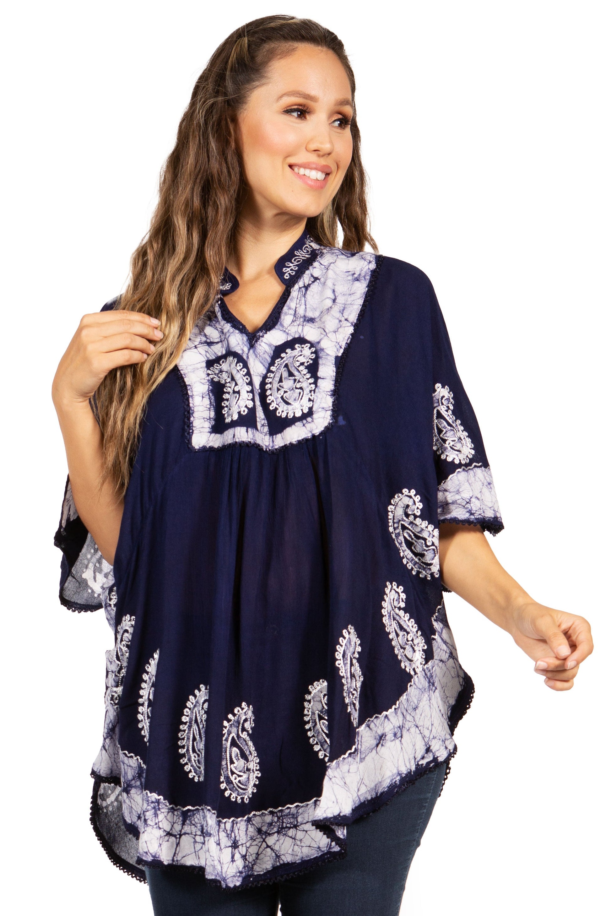 Sakkas Amori V-Neck Embroidery Poncho Top / Cover Up - Concordia Style Boutique