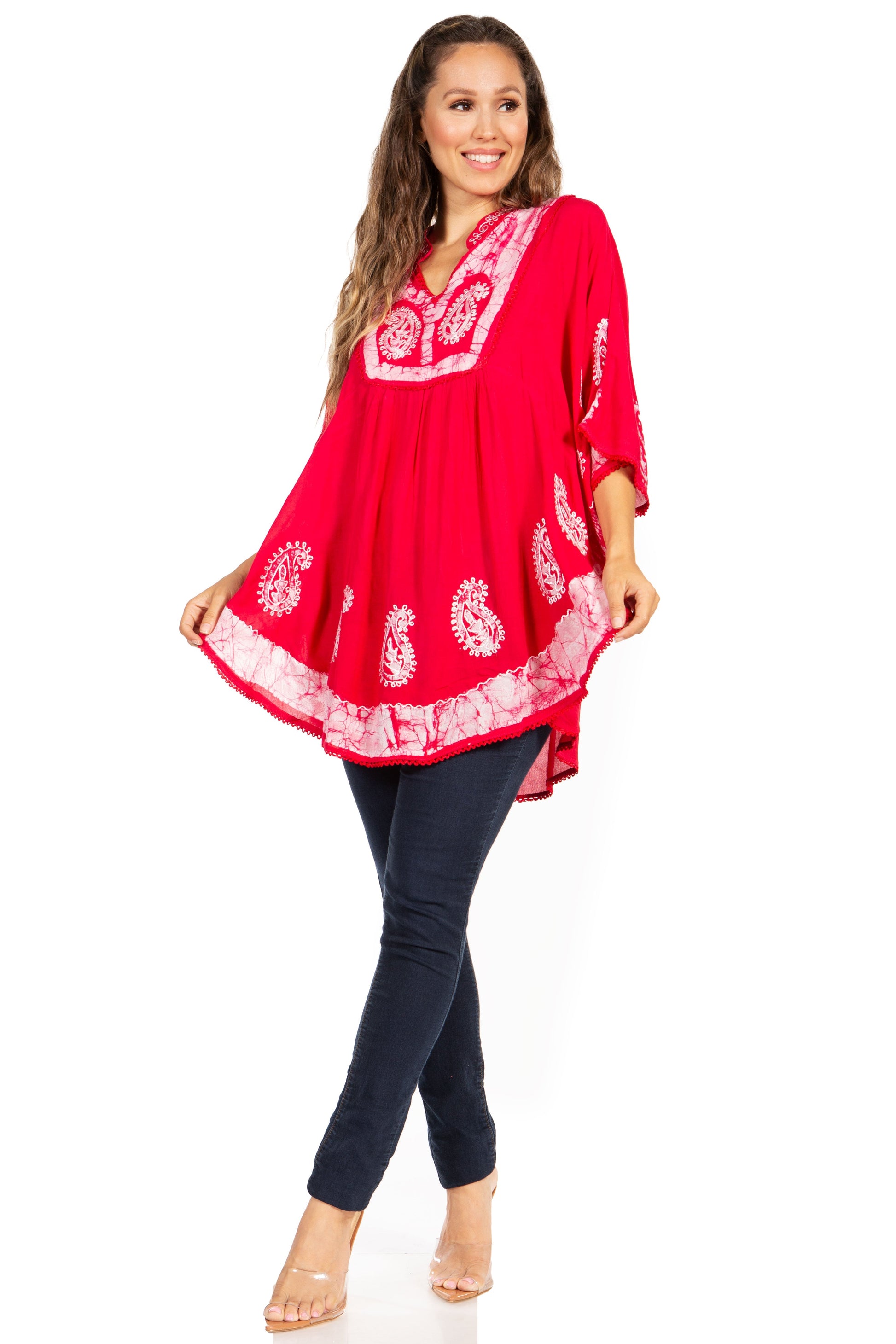 Sakkas Amori V-Neck Embroidery Poncho Top / Cover Up - Concordia Style Boutique