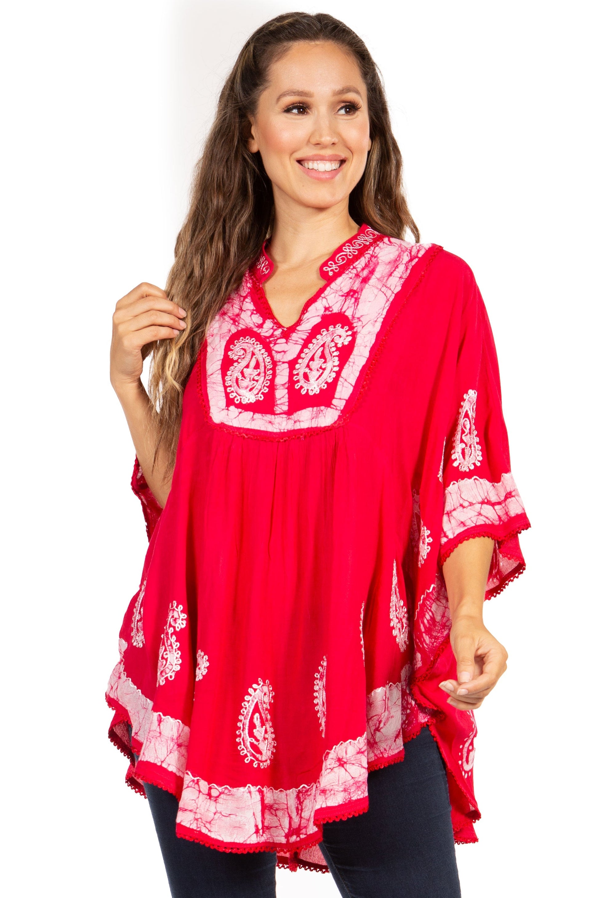 Sakkas Amori V-Neck Embroidery Poncho Top / Cover Up - Concordia Style Boutique