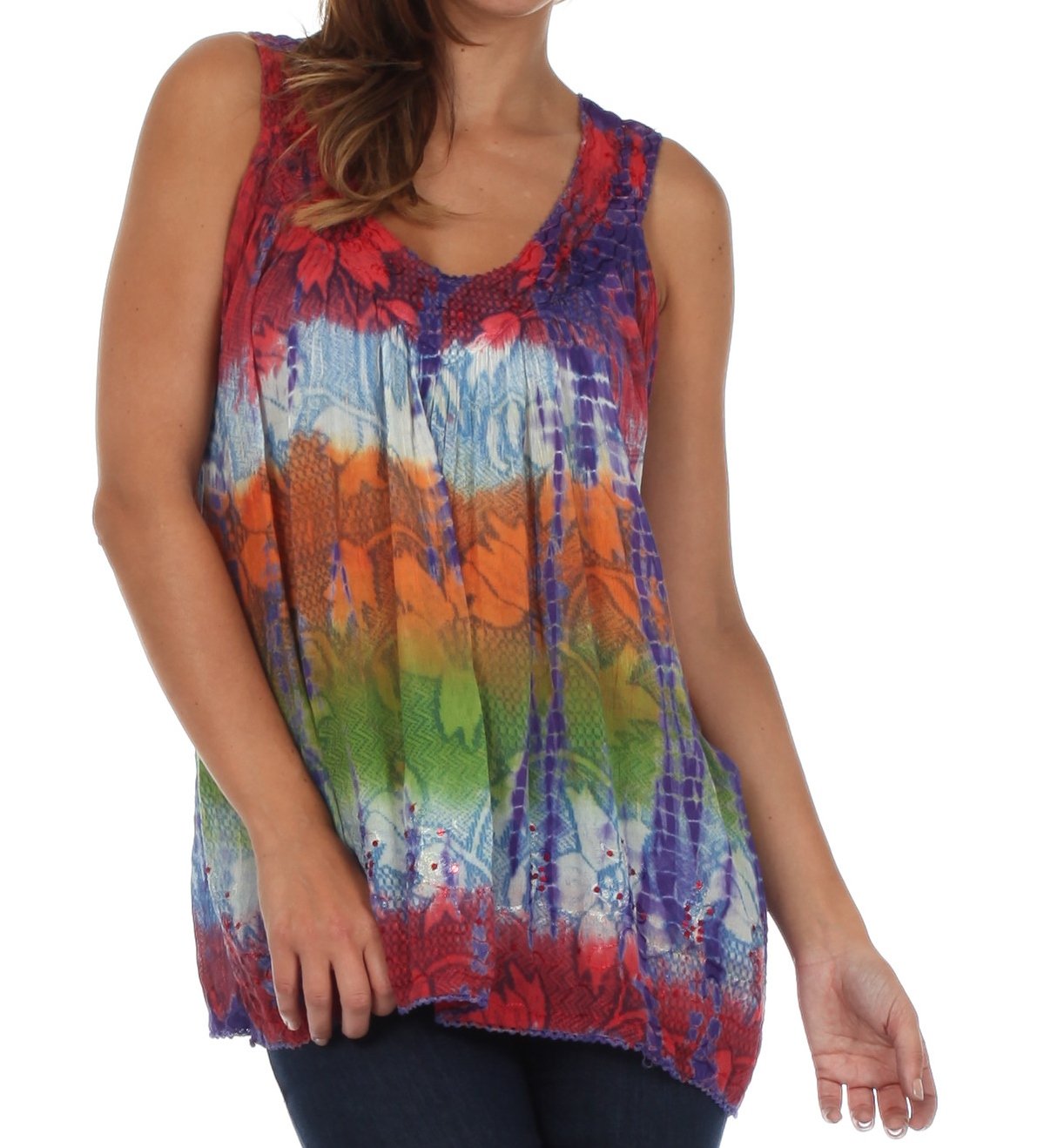 Sakkas Women's Tie Dye Floral Sequin Sleeveless Blouse - Concordia Style Boutique