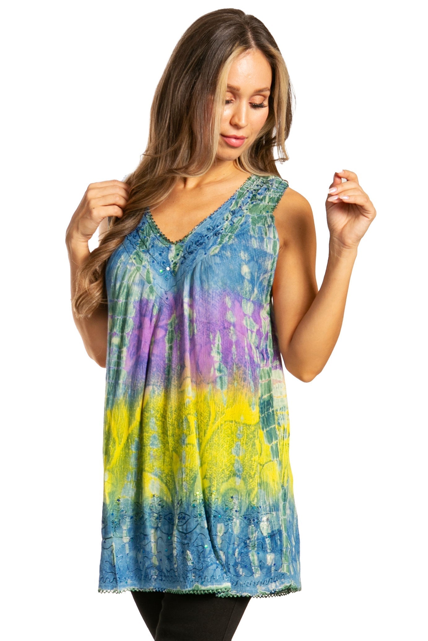 Sakkas Women's Tie Dye Floral Sequin Sleeveless Blouse - Concordia Style Boutique