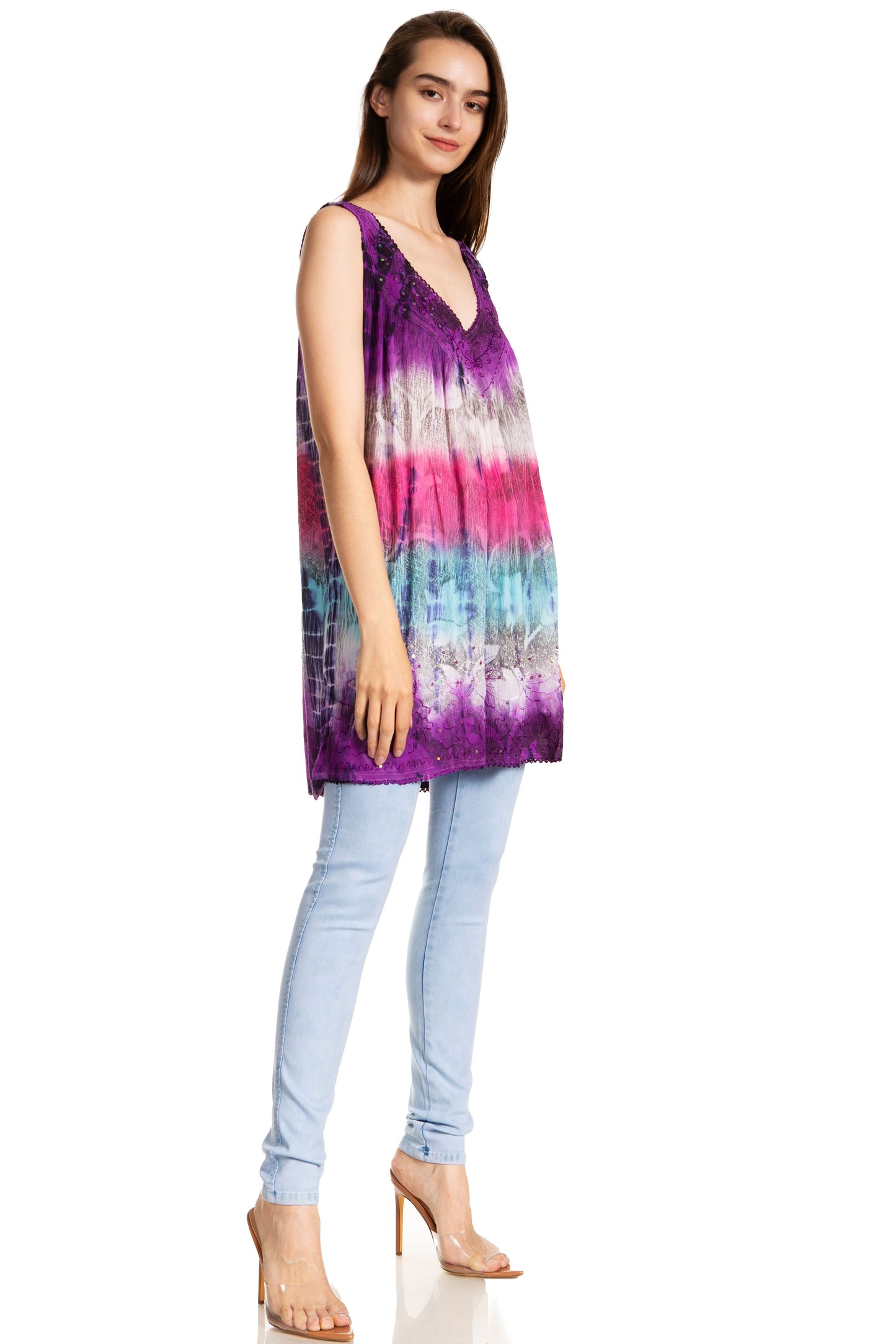Sakkas Women's Tie Dye Floral Sequin Sleeveless Blouse - Concordia Style Boutique