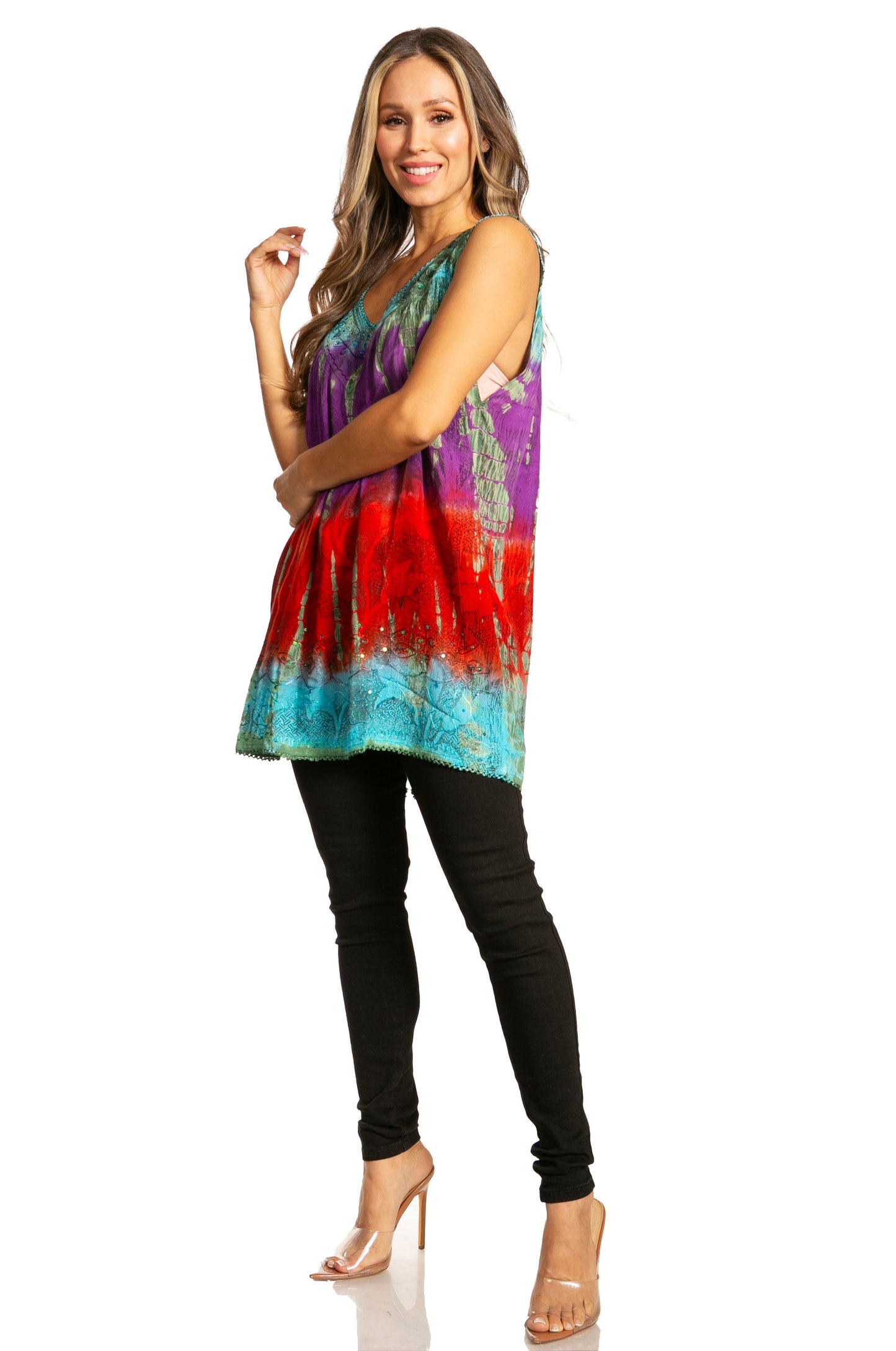 Sakkas Women's Tie Dye Floral Sequin Sleeveless Blouse - Concordia Style Boutique