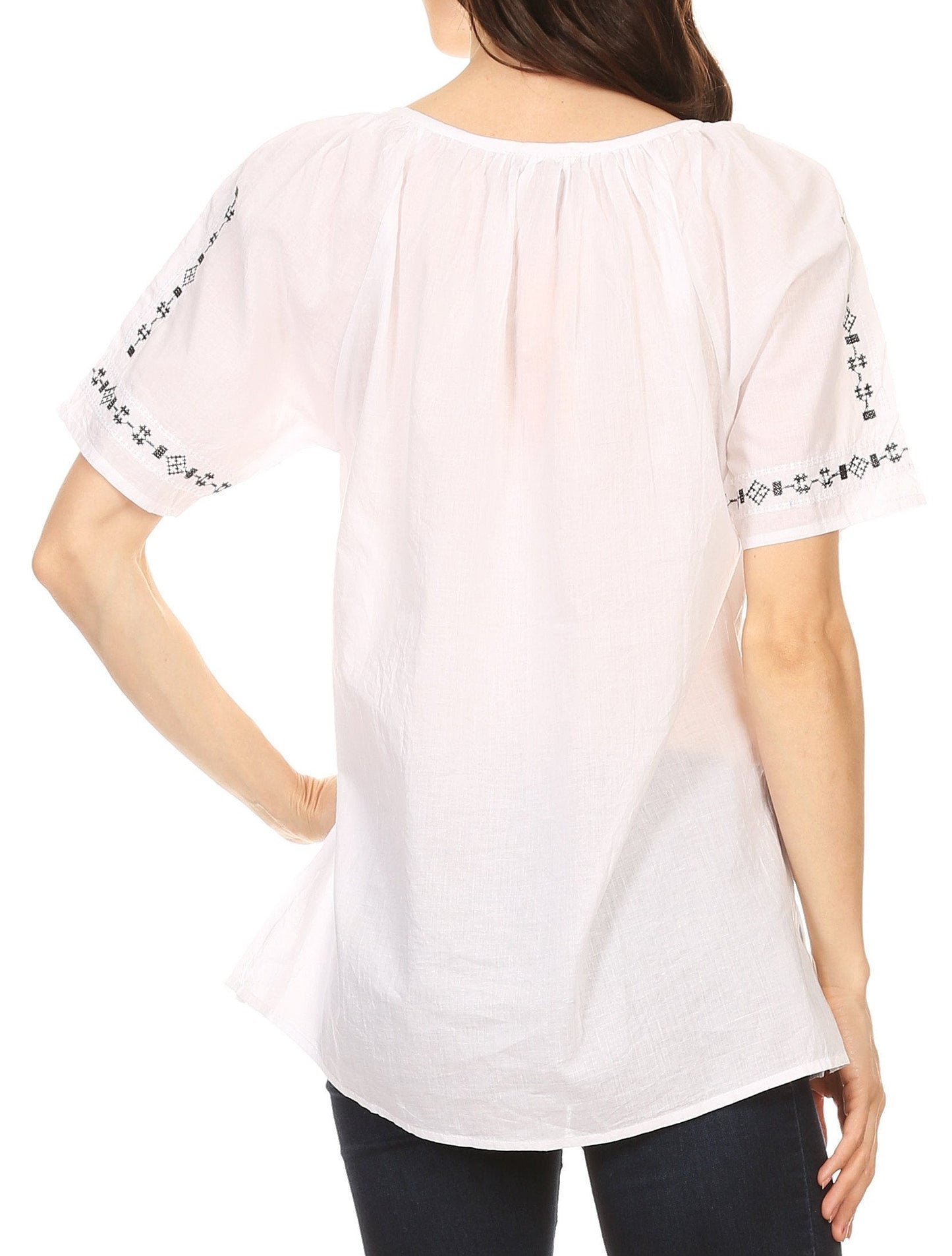 Sakkas Lena Cross Stitch Embroidered Short Sleeve Casual Top Blouse - Concordia Style Boutique