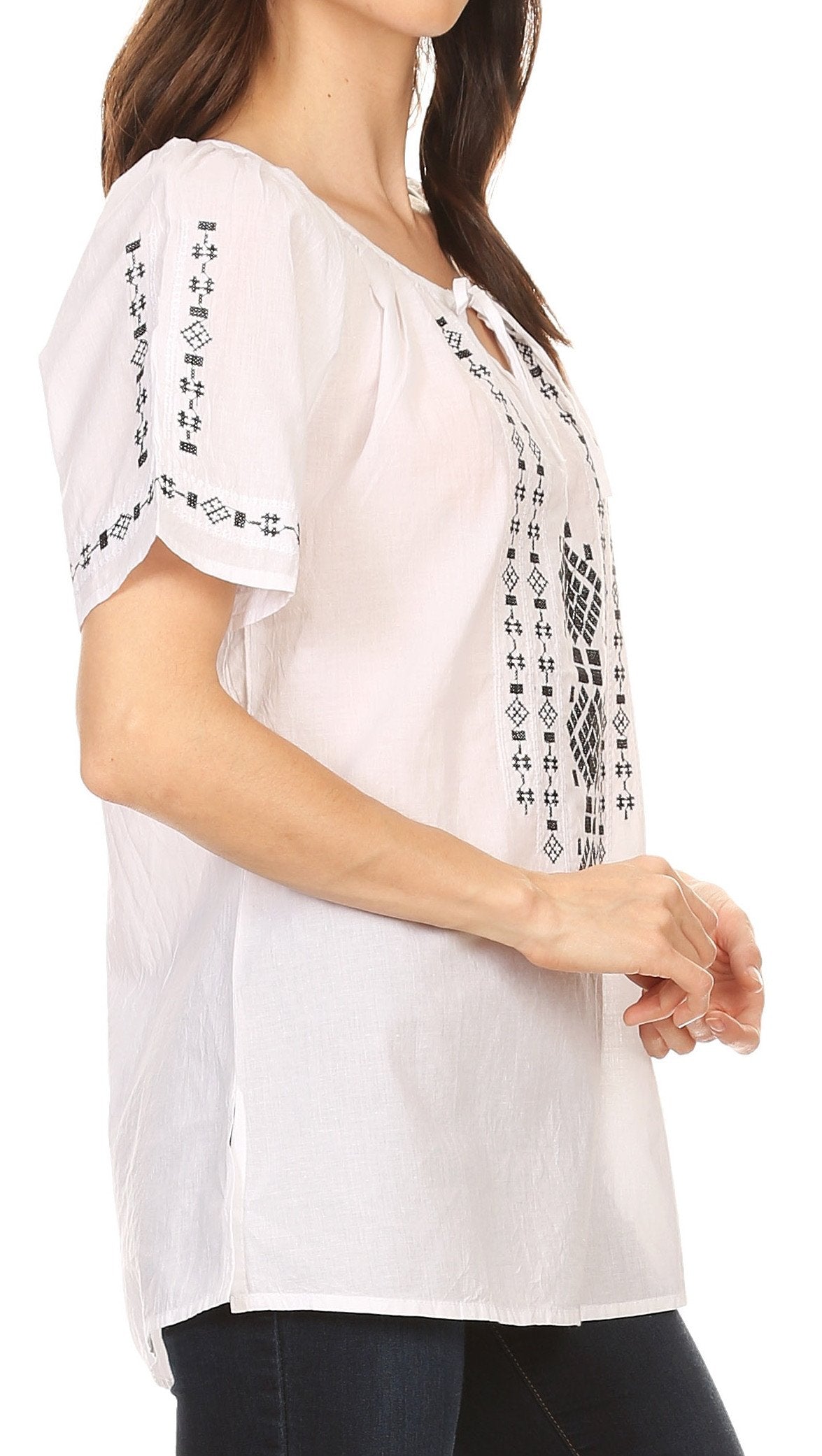 Sakkas Lena Cross Stitch Embroidered Short Sleeve Casual Top Blouse - Concordia Style Boutique
