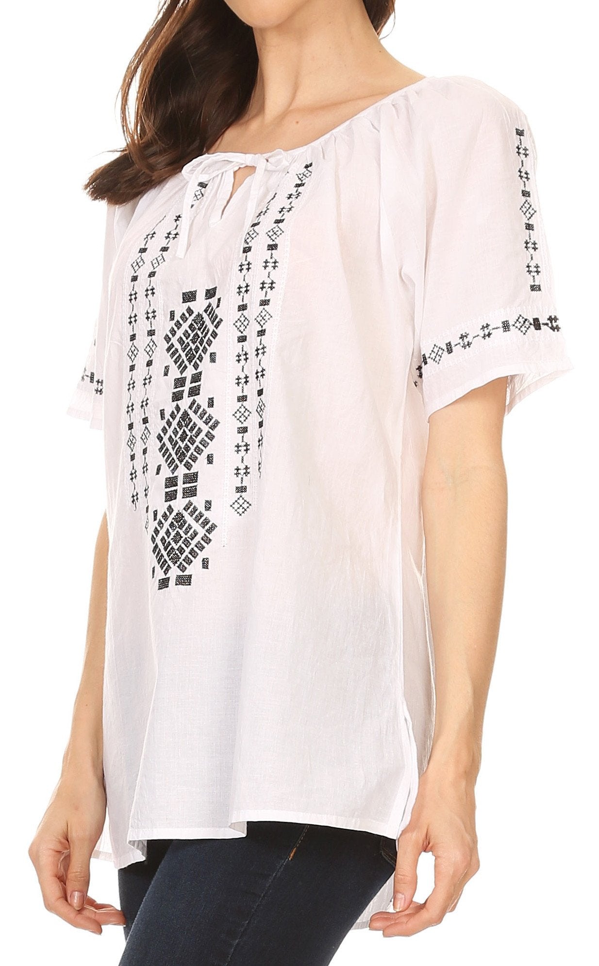 Sakkas Lena Cross Stitch Embroidered Short Sleeve Casual Top Blouse - Concordia Style Boutique
