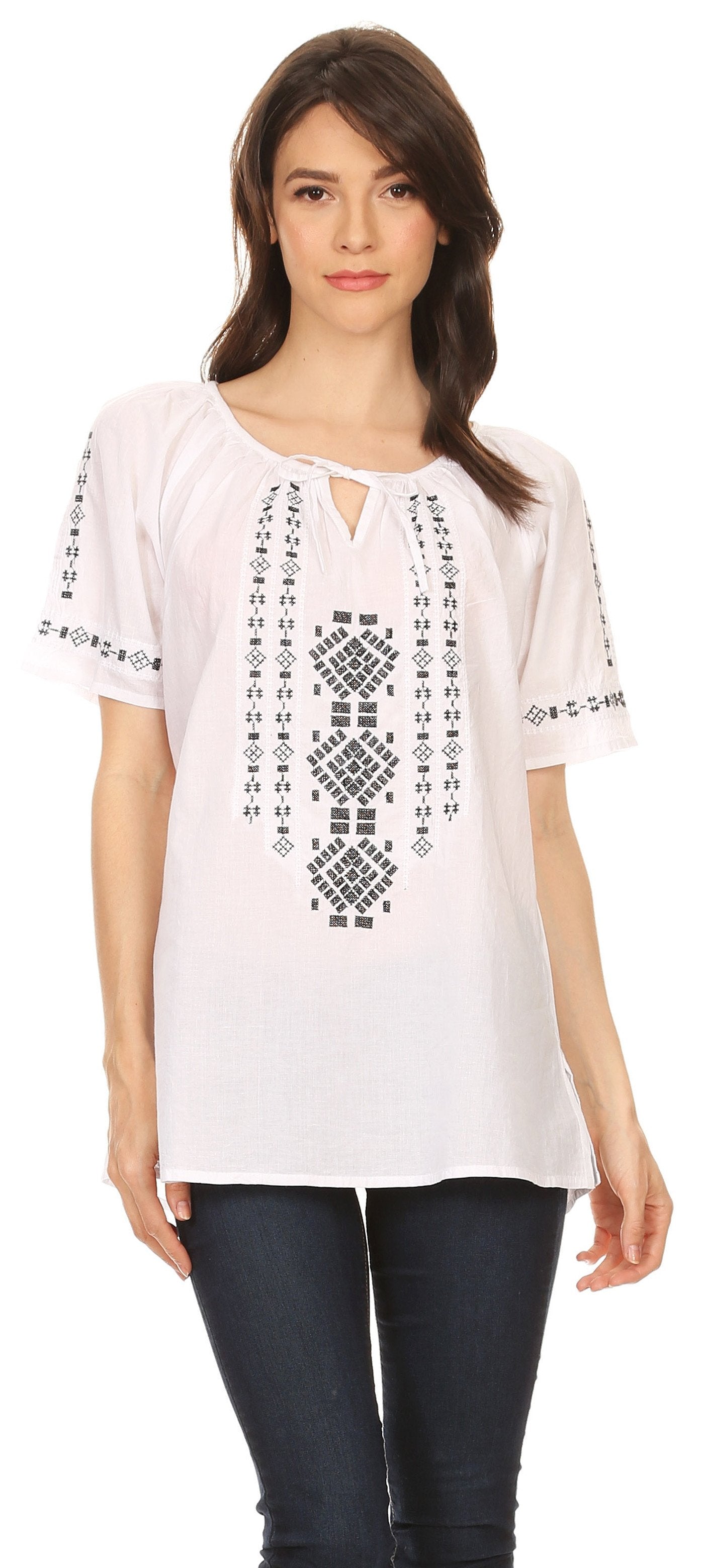 Sakkas Lena Cross Stitch Embroidered Short Sleeve Casual Top Blouse - Concordia Style Boutique