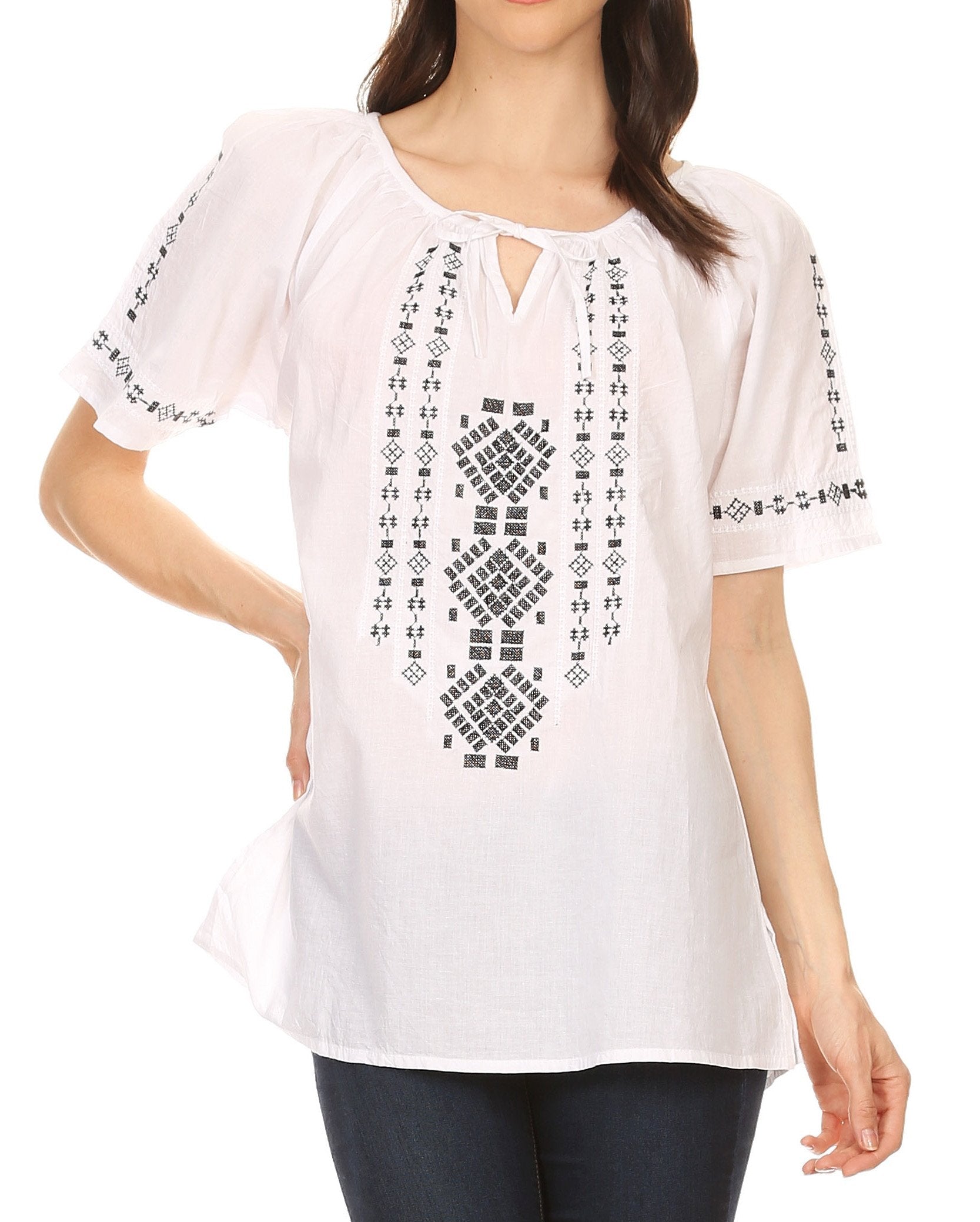 Sakkas Lena Cross Stitch Embroidered Short Sleeve Casual Top Blouse - Concordia Style Boutique