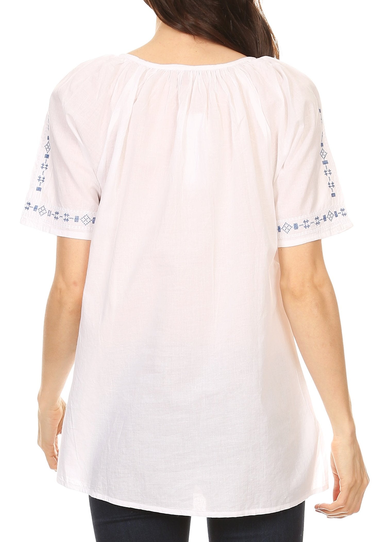 Sakkas Lena Cross Stitch Embroidered Short Sleeve Casual Top Blouse - Concordia Style Boutique