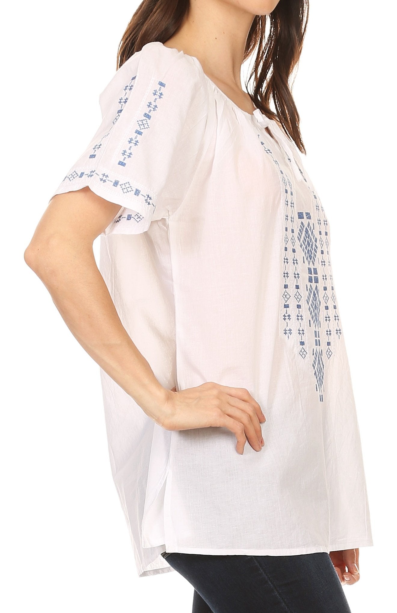 Sakkas Lena Cross Stitch Embroidered Short Sleeve Casual Top Blouse - Concordia Style Boutique