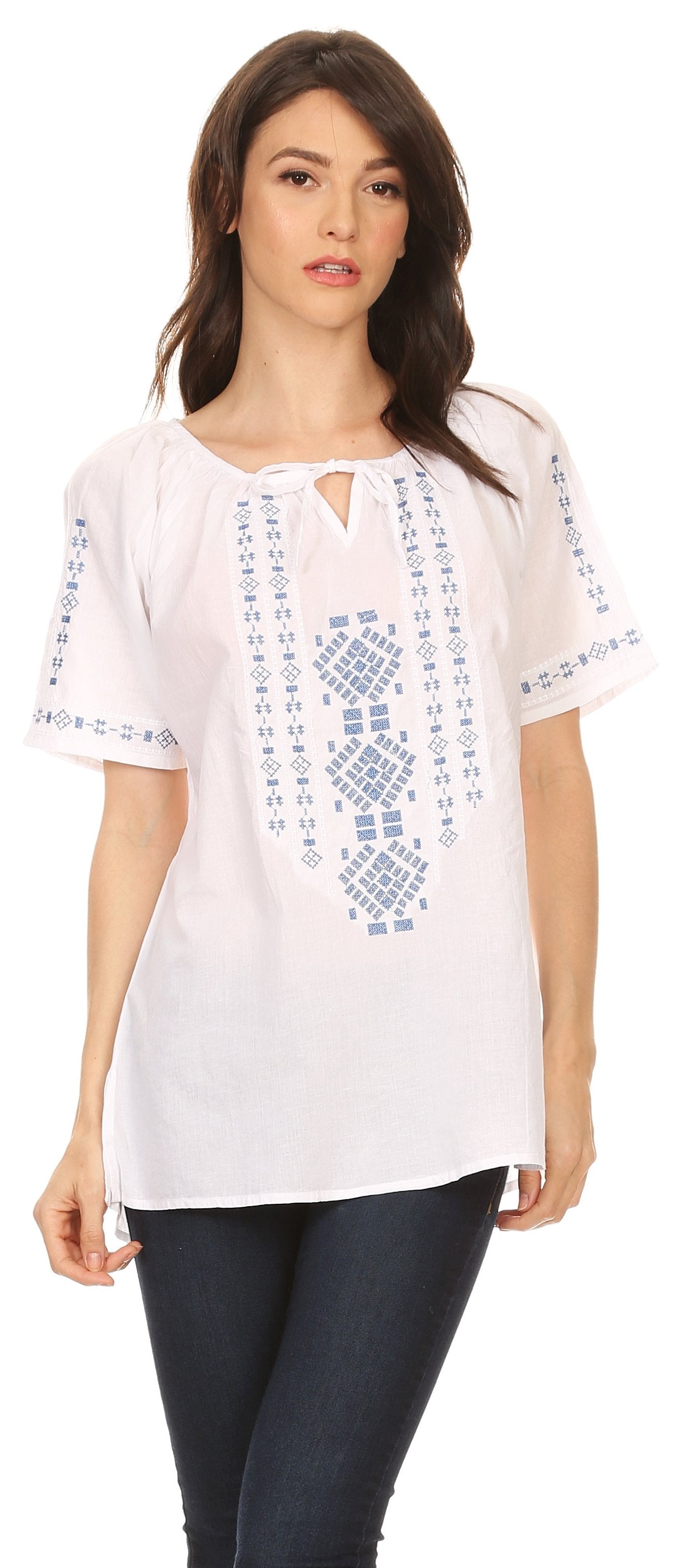 Sakkas Lena Cross Stitch Embroidered Short Sleeve Casual Top Blouse - Concordia Style Boutique