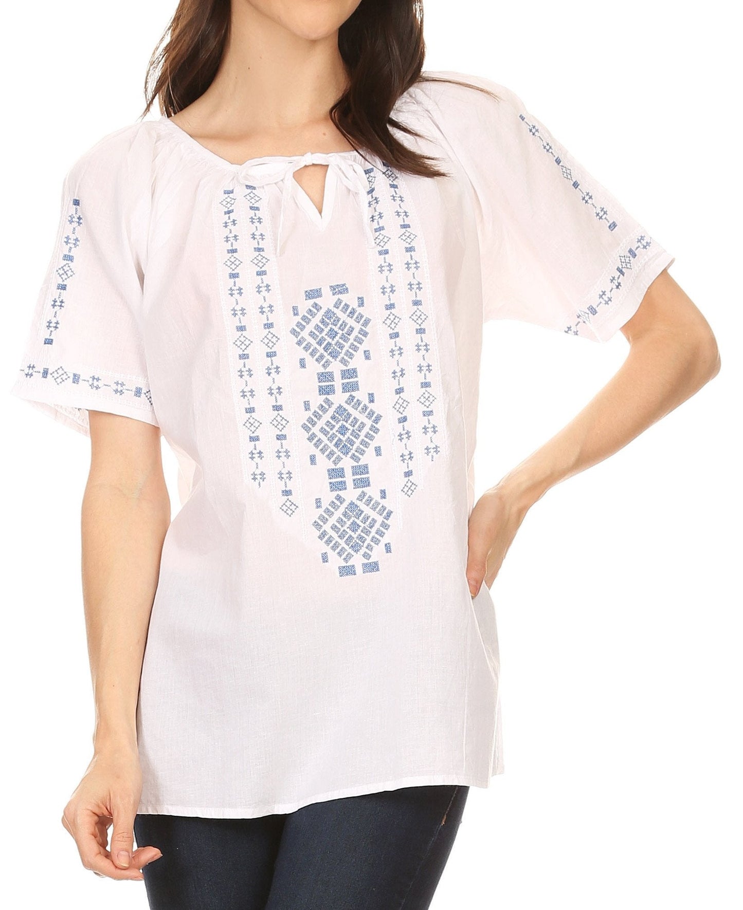 Sakkas Lena Cross Stitch Embroidered Short Sleeve Casual Top Blouse - Concordia Style Boutique