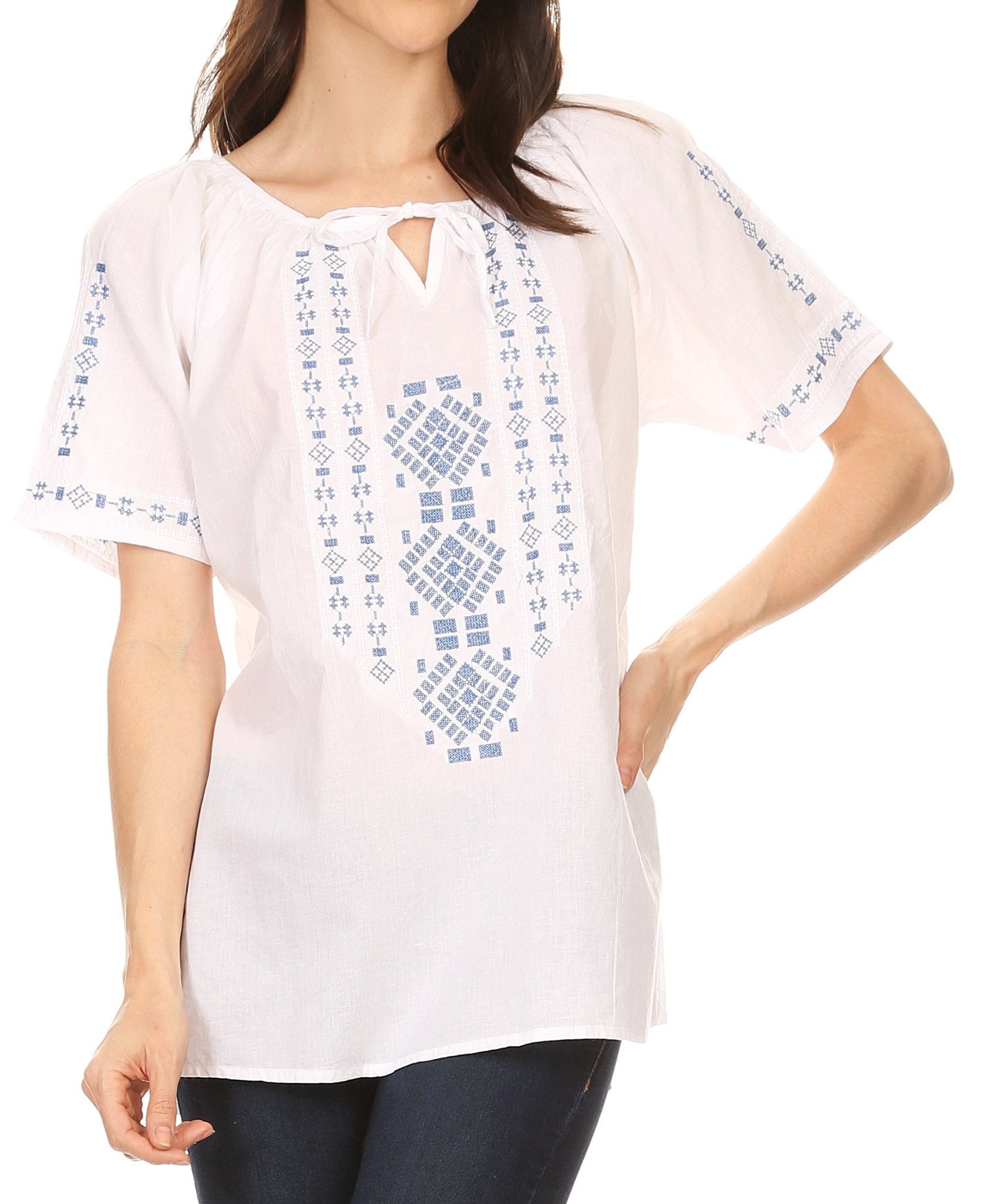 Sakkas Lena Cross Stitch Embroidered Short Sleeve Casual Top Blouse - Concordia Style Boutique