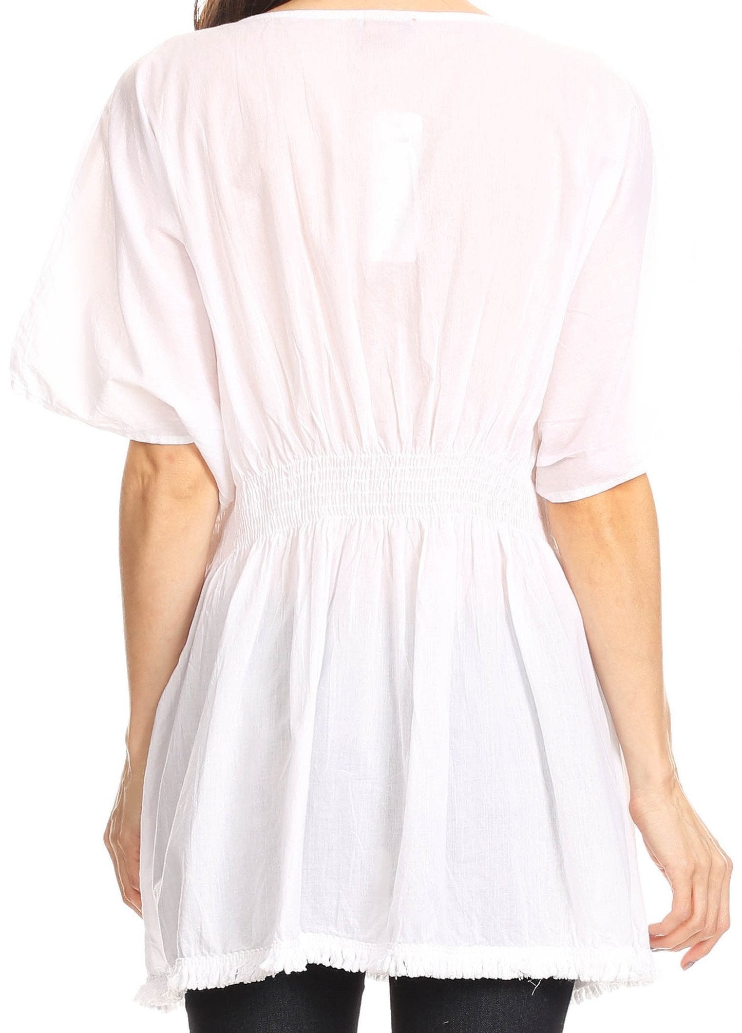 Sakkas Octavia Smocked Dolman Sleeve Fringe Blouse with Split Neck and Embroidery - Concordia Style Boutique
