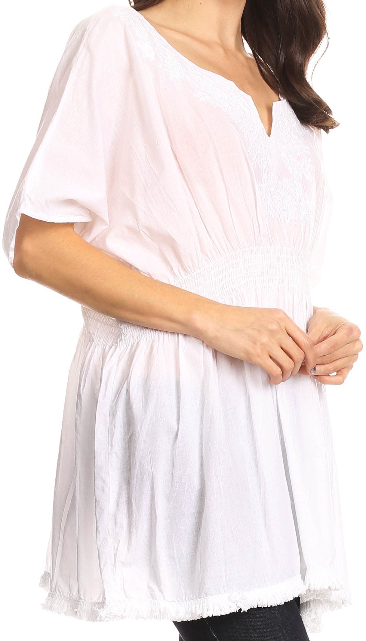 Sakkas Octavia Smocked Dolman Sleeve Fringe Blouse with Split Neck and Embroidery - Concordia Style Boutique