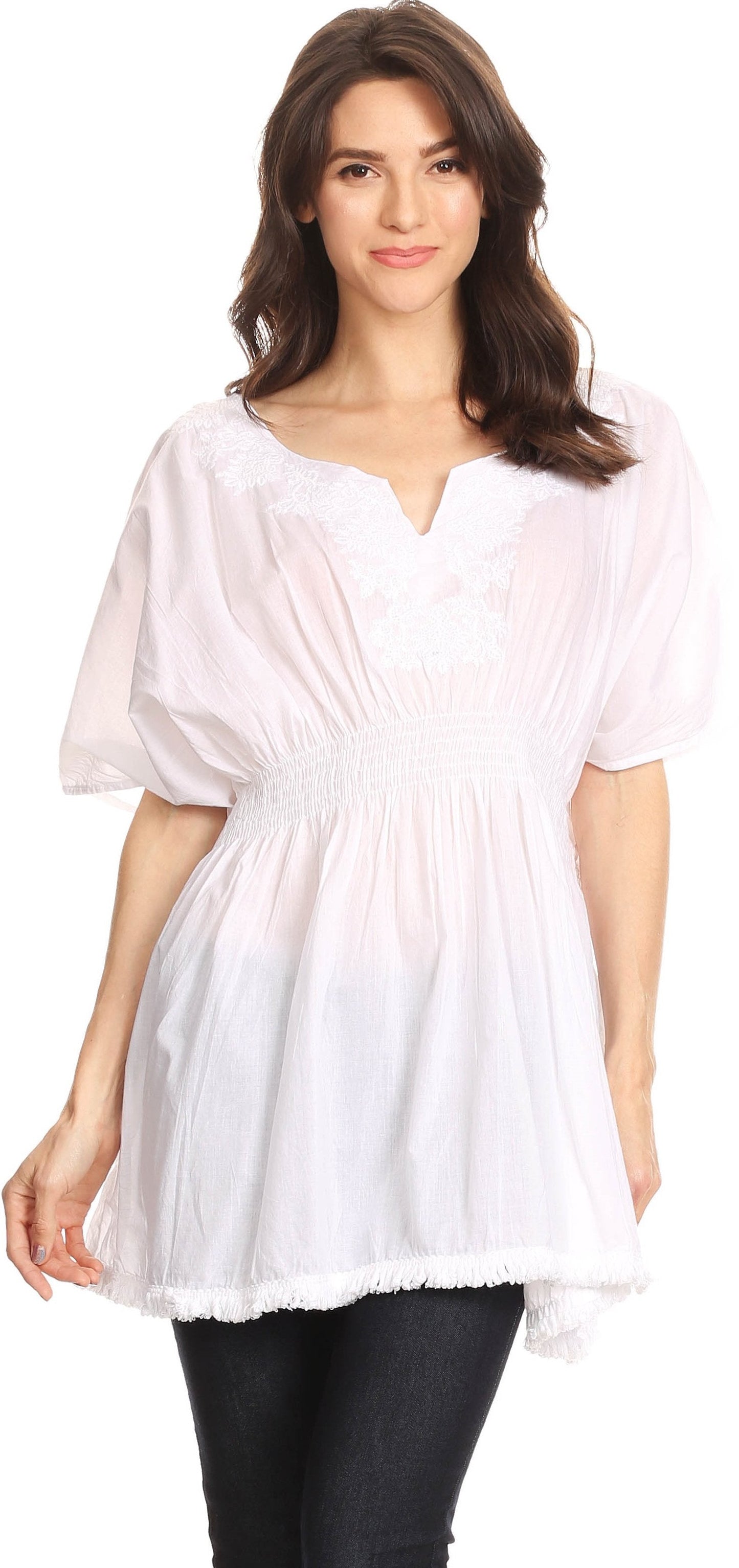 Sakkas Octavia Smocked Dolman Sleeve Fringe Blouse with Split Neck and Embroidery - Concordia Style Boutique