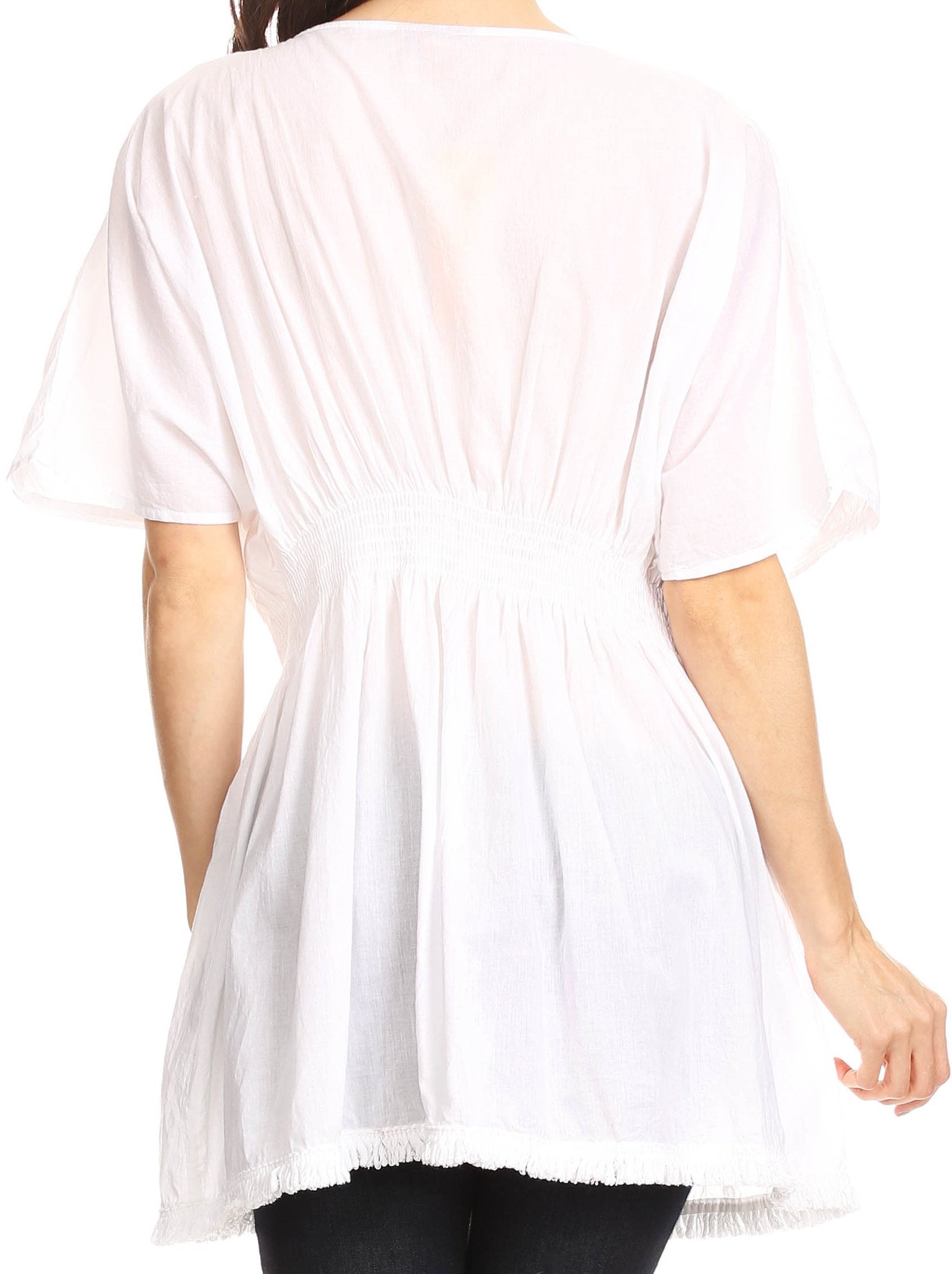 Sakkas Octavia Smocked Dolman Sleeve Fringe Blouse with Split Neck and Embroidery - Concordia Style Boutique