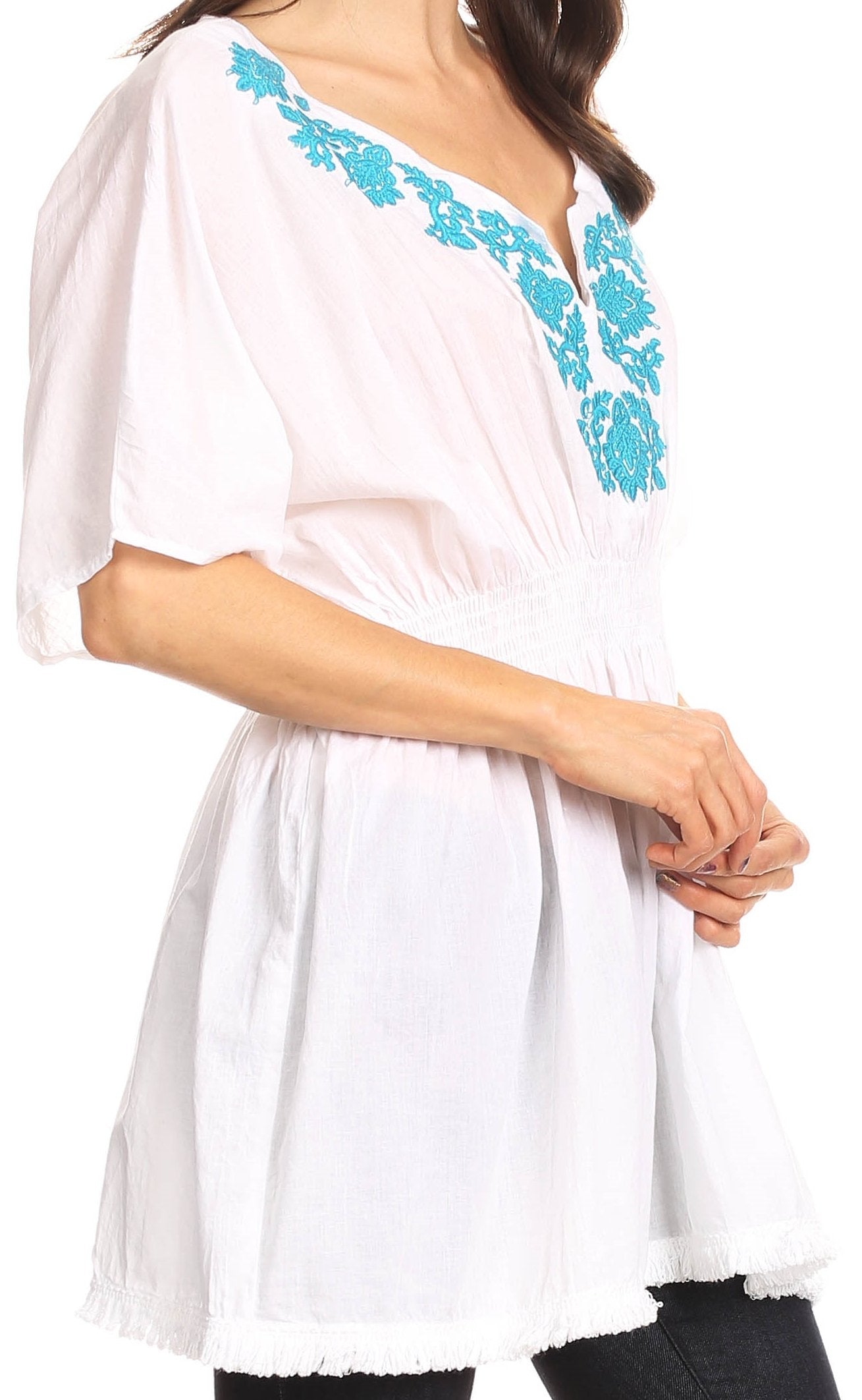 Sakkas Octavia Smocked Dolman Sleeve Fringe Blouse with Split Neck and Embroidery - Concordia Style Boutique