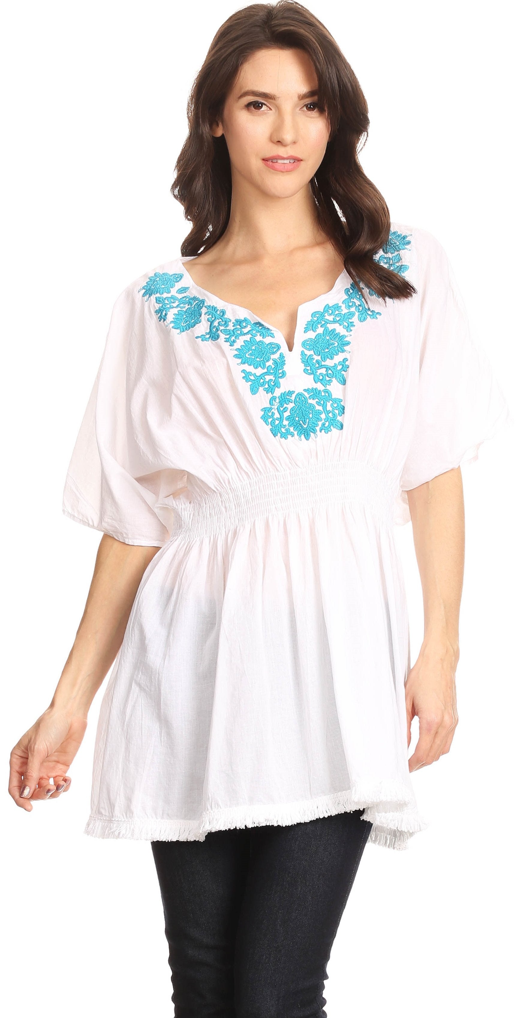 Sakkas Octavia Smocked Dolman Sleeve Fringe Blouse with Split Neck and Embroidery - Concordia Style Boutique