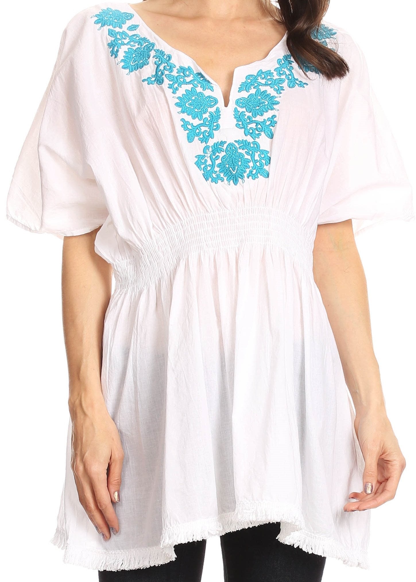 Sakkas Octavia Smocked Dolman Sleeve Fringe Blouse with Split Neck and Embroidery - Concordia Style Boutique