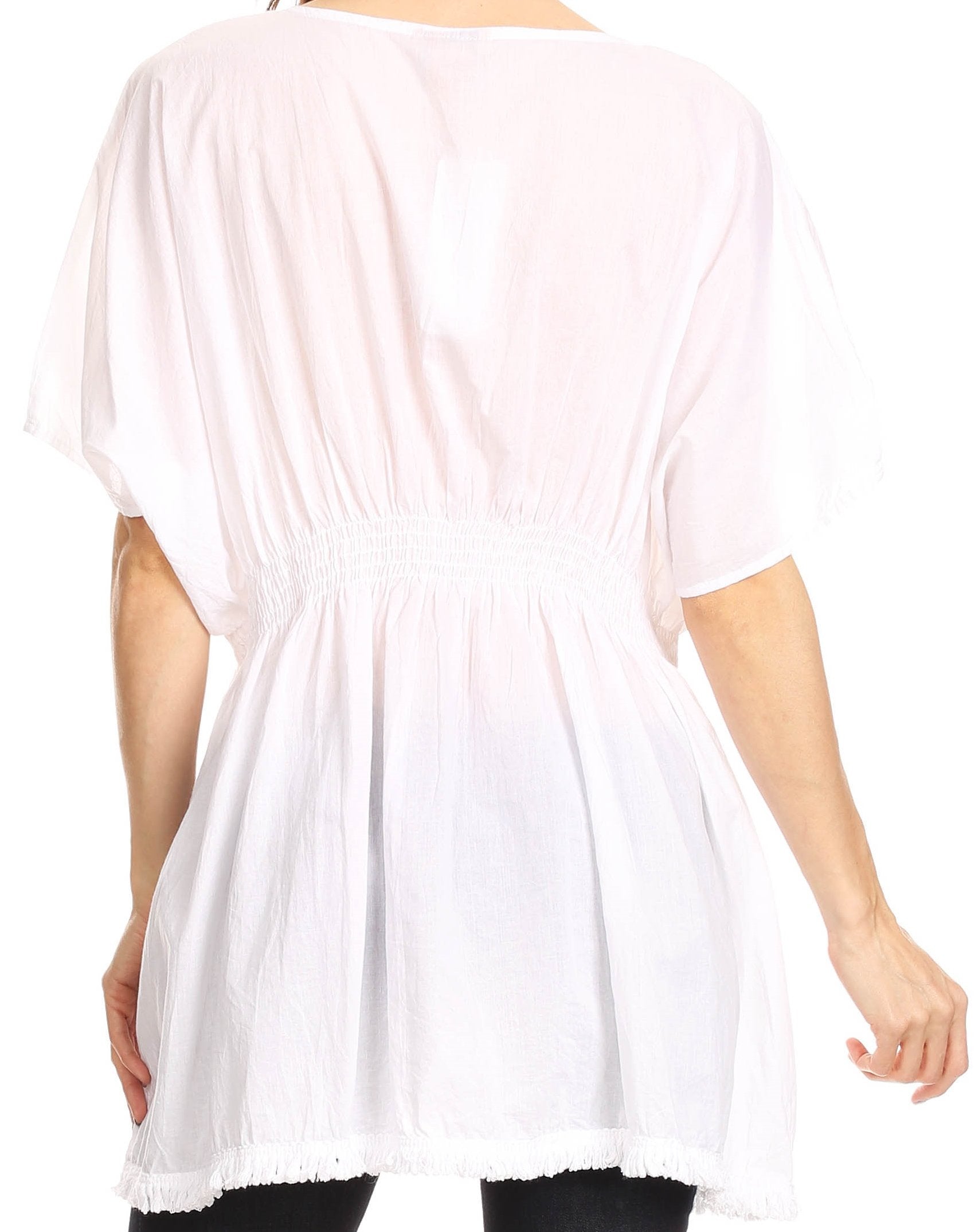Sakkas Octavia Smocked Dolman Sleeve Fringe Blouse with Split Neck and Embroidery - Concordia Style Boutique