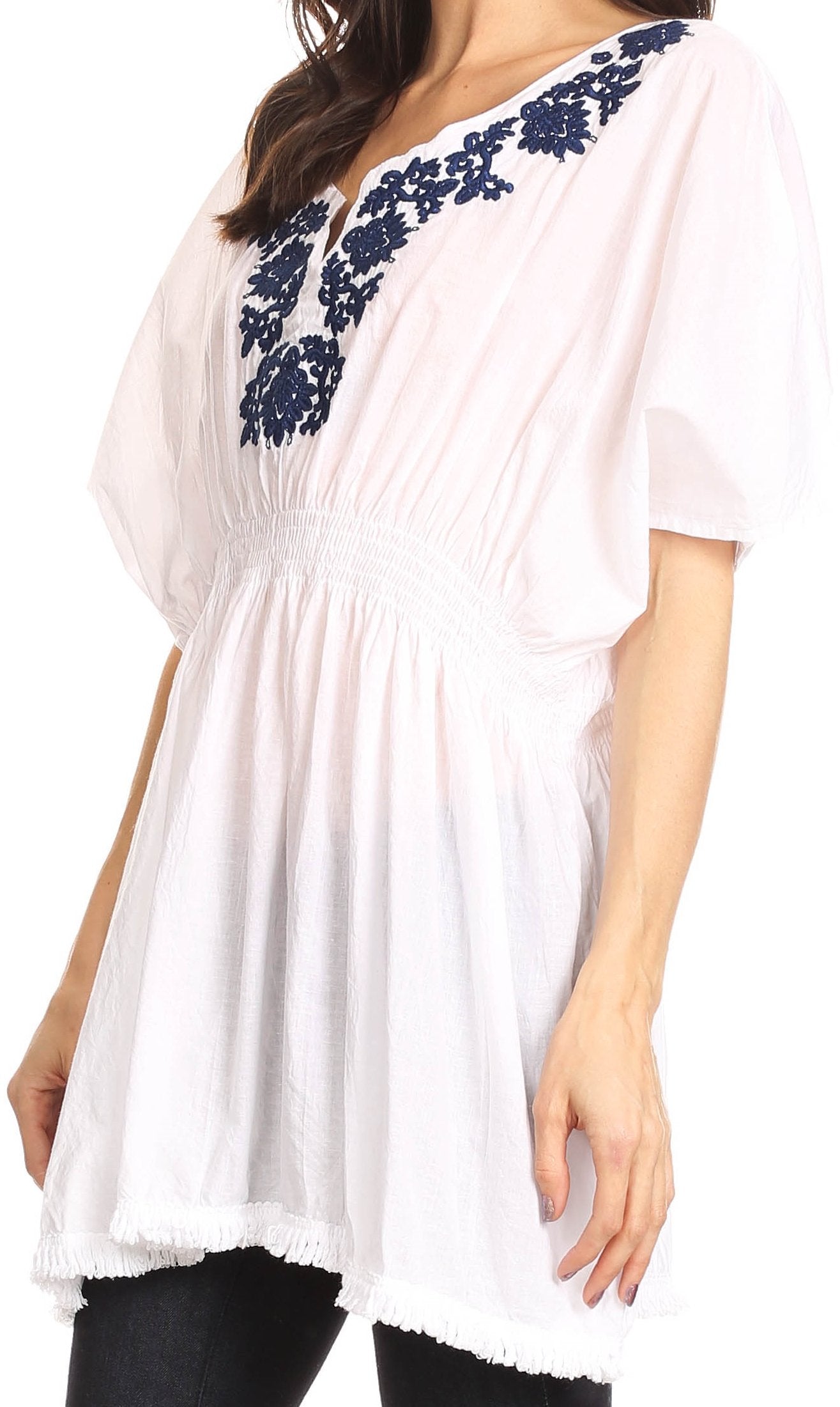 Sakkas Octavia Smocked Dolman Sleeve Fringe Blouse with Split Neck and Embroidery - Concordia Style Boutique