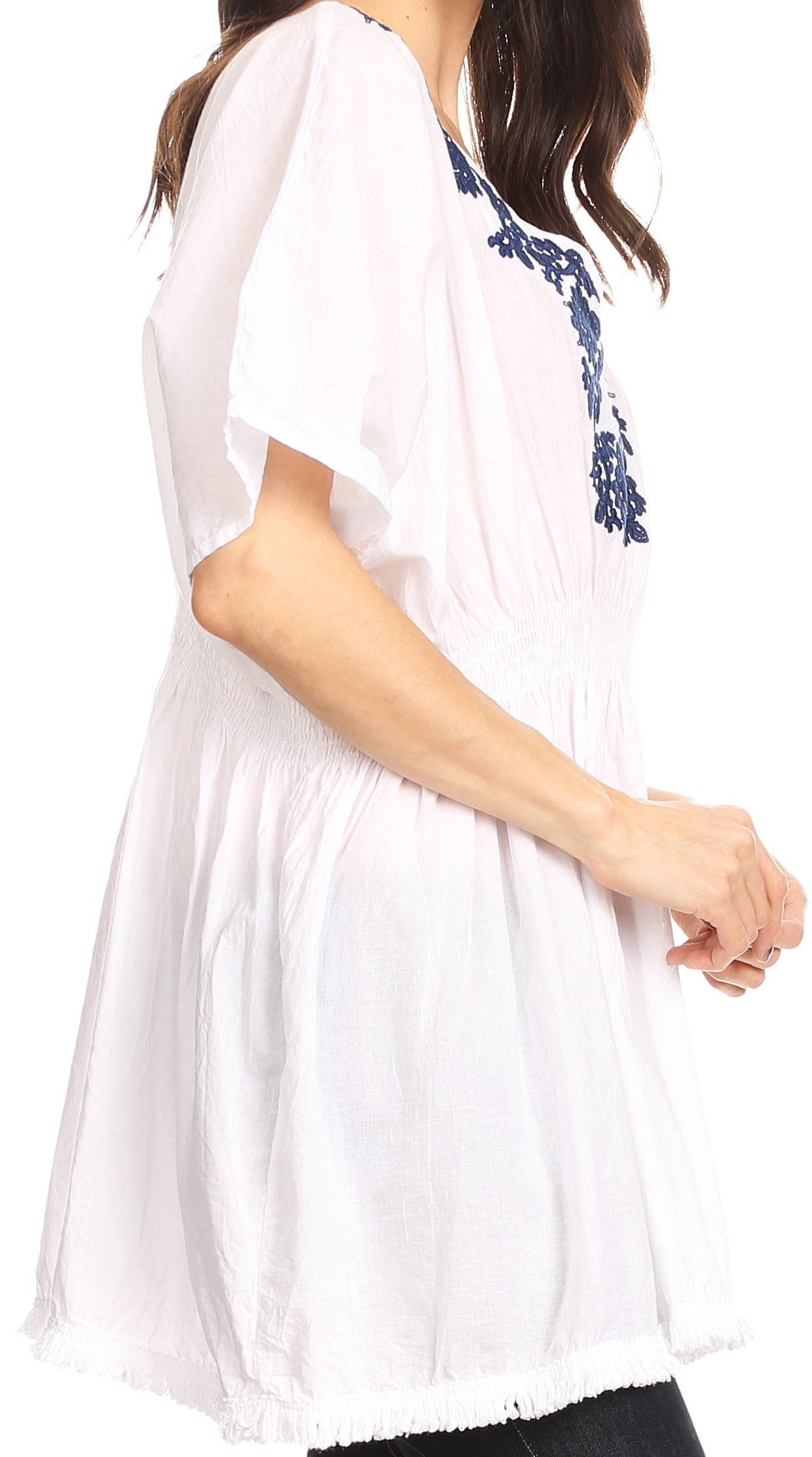 Sakkas Octavia Smocked Dolman Sleeve Fringe Blouse with Split Neck and Embroidery - Concordia Style Boutique
