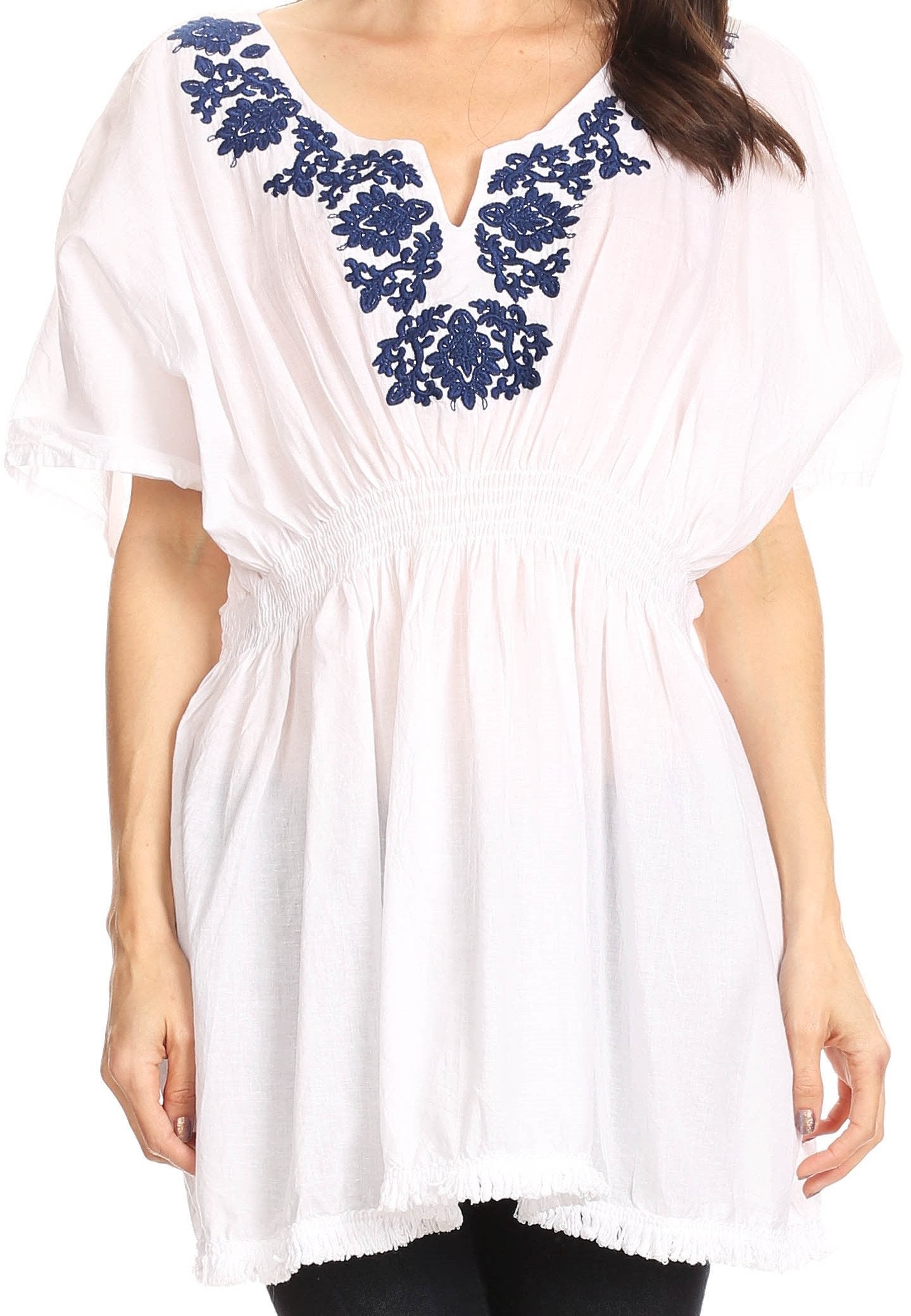 Sakkas Octavia Smocked Dolman Sleeve Fringe Blouse with Split Neck and Embroidery - Concordia Style Boutique