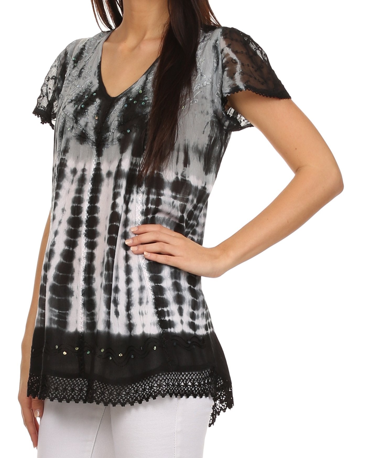 Sakkas Violet Embroidery Tie Dye Sequin Accents Blouse / Top - Concordia Style Boutique